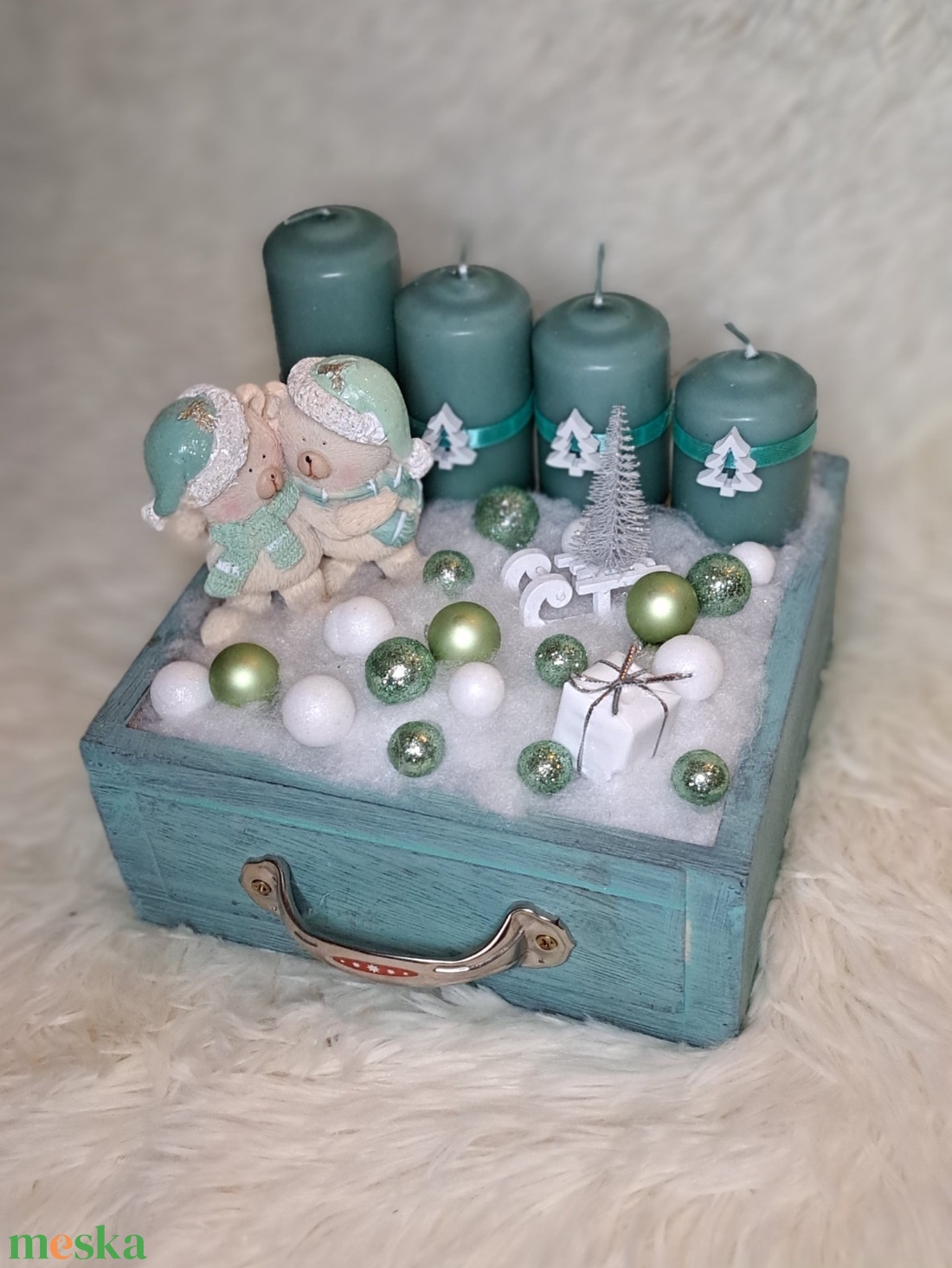 Gyertyás adventi asztaldísz menta-fehér színekben - karácsony - adventi díszek - adventi asztaldísz - Meska.hu