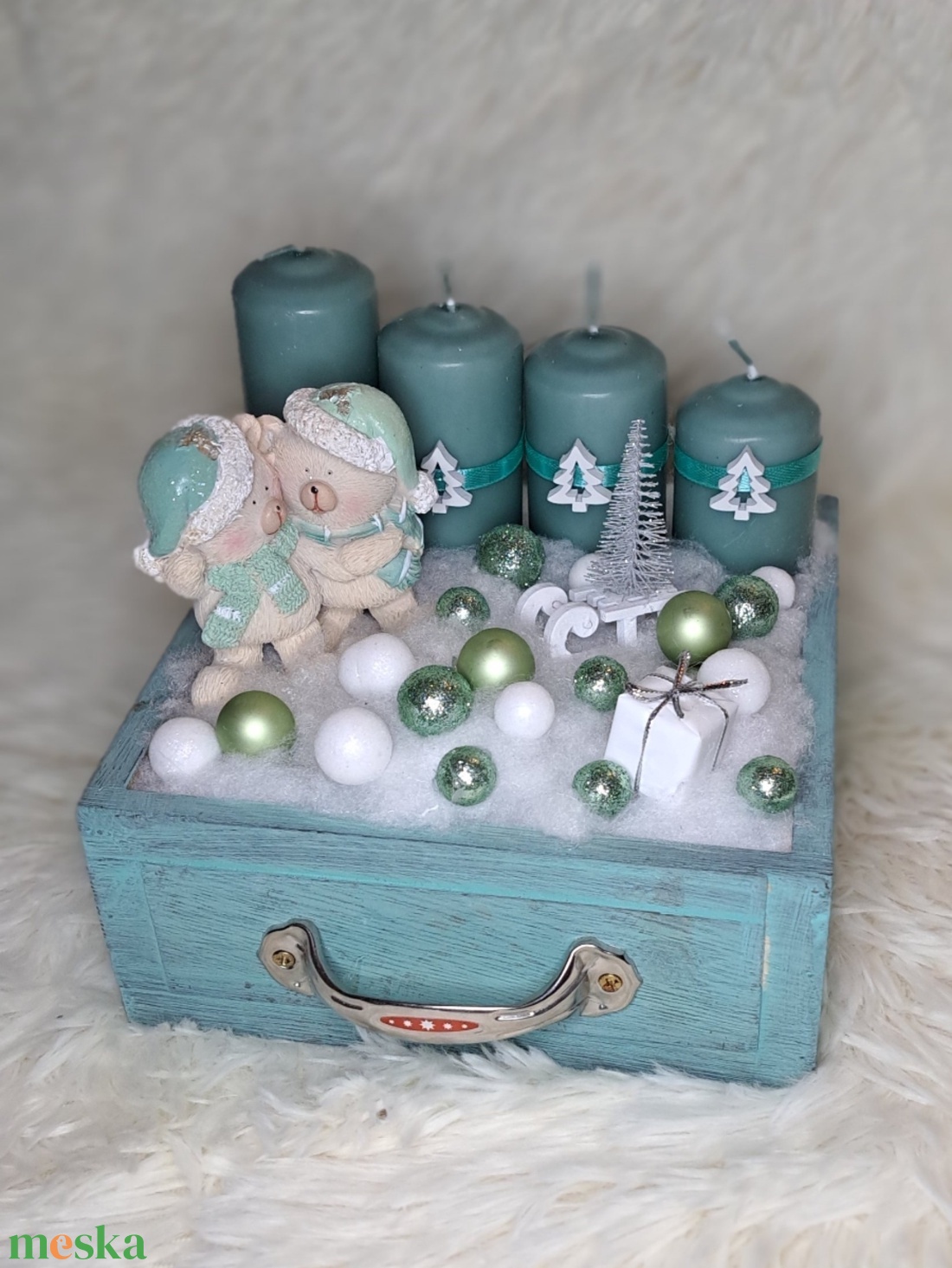 Gyertyás adventi asztaldísz menta-fehér színekben - karácsony - adventi díszek - adventi asztaldísz - Meska.hu