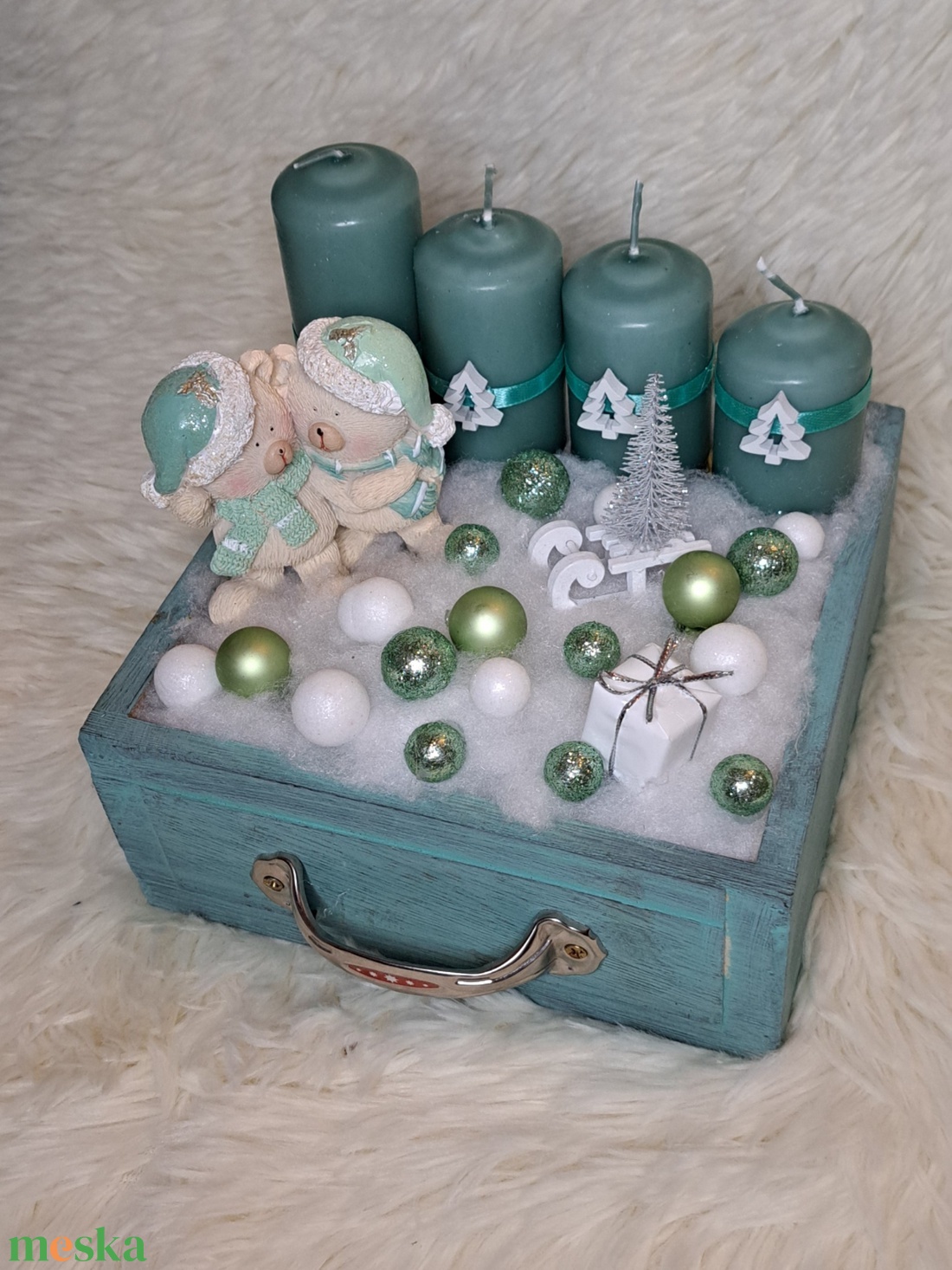 Gyertyás adventi asztaldísz menta-fehér színekben - karácsony - adventi díszek - adventi asztaldísz - Meska.hu