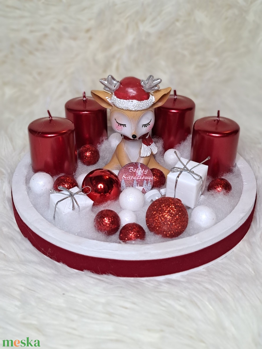 Gyertyás adventi asztaldísz piros-fehér színekben - karácsony - adventi díszek - adventi asztaldísz - Meska.hu