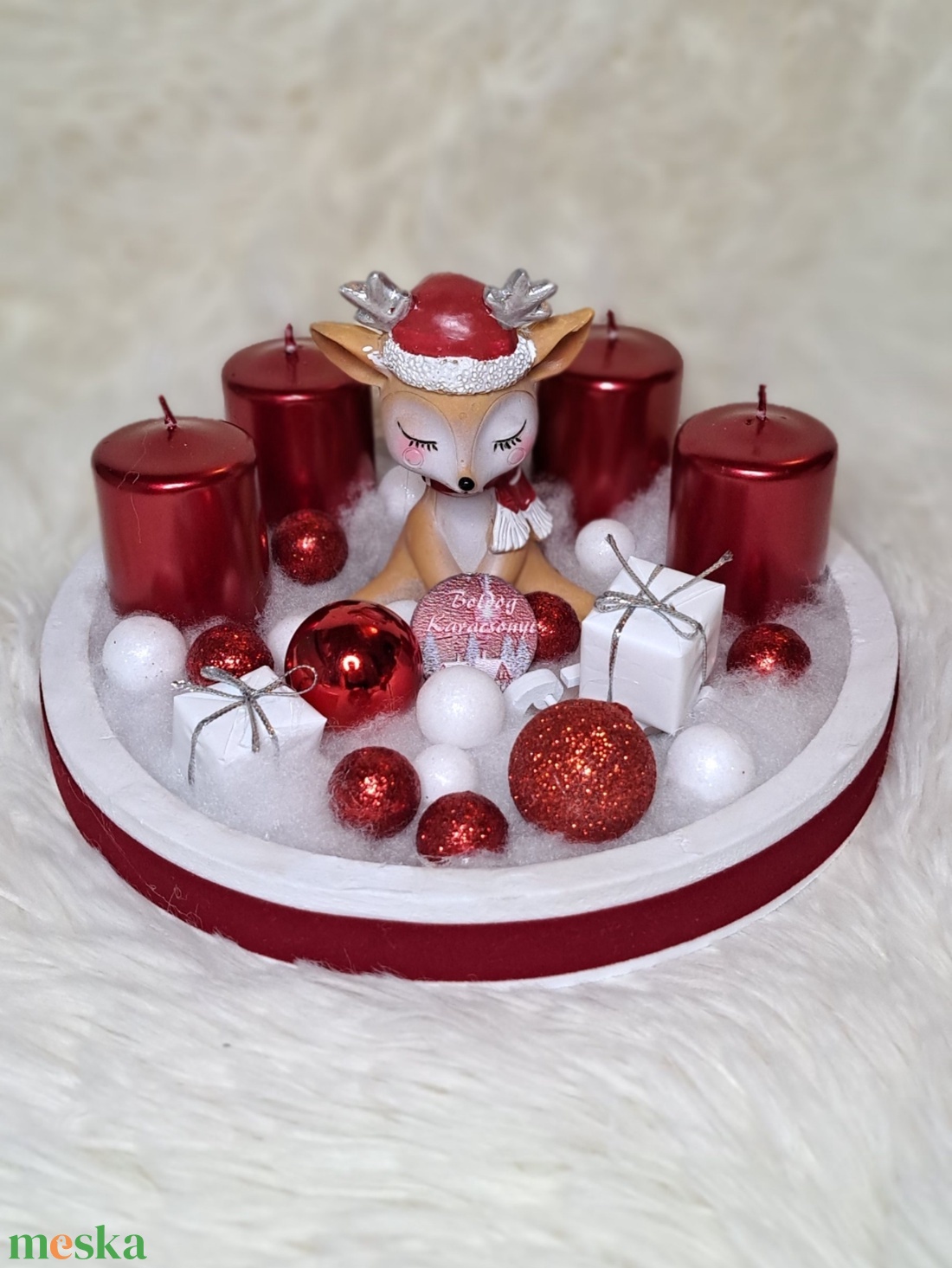 Gyertyás adventi asztaldísz piros-fehér színekben - karácsony - adventi díszek - adventi asztaldísz - Meska.hu