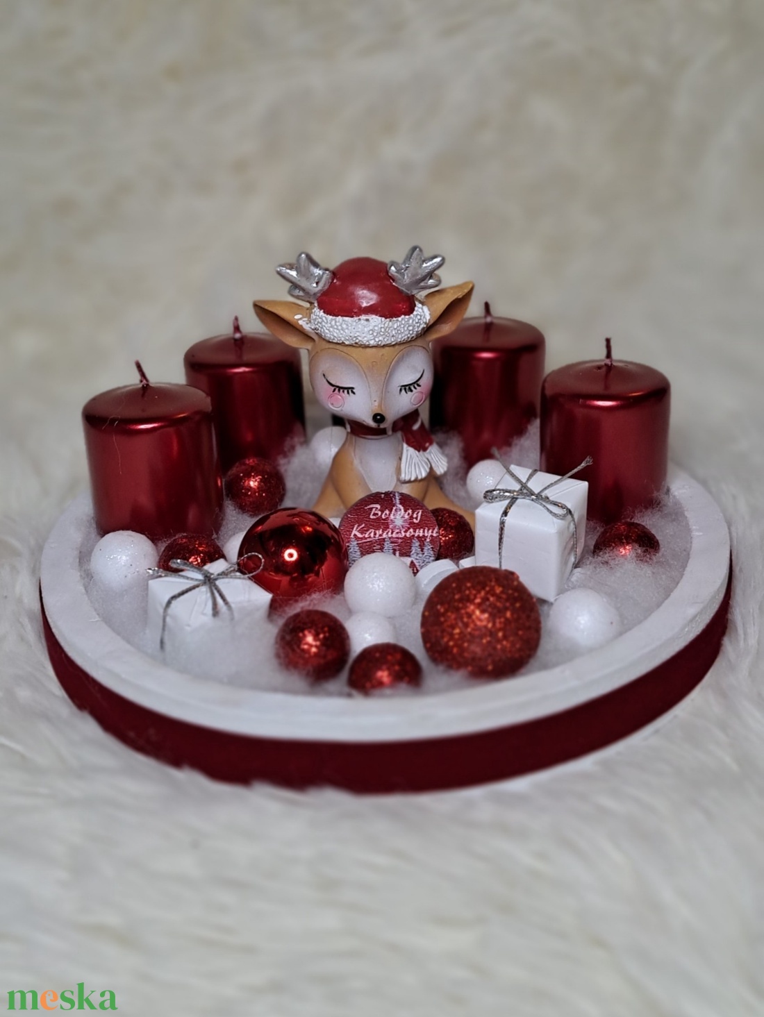 Gyertyás adventi asztaldísz piros-fehér színekben - karácsony - adventi díszek - adventi asztaldísz - Meska.hu