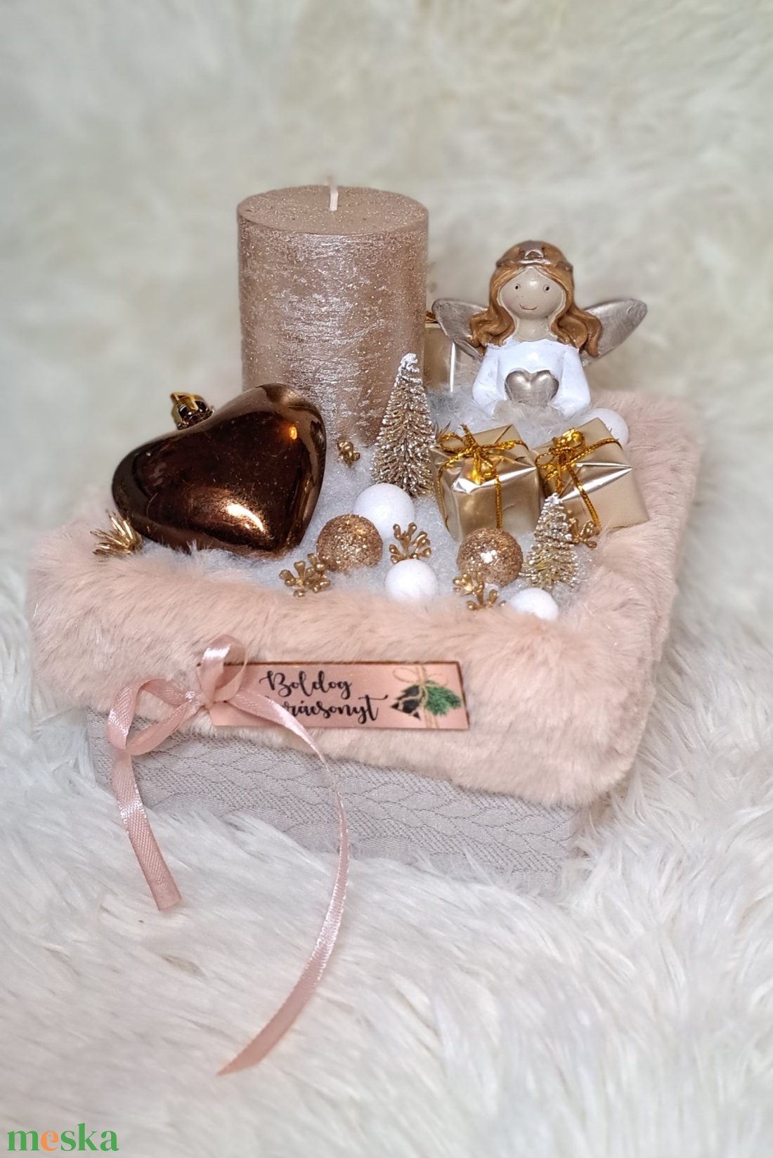 Gyertyás adventi asztaldísz rosegold-arany színekben - karácsony - adventi díszek - adventi asztaldísz - Meska.hu