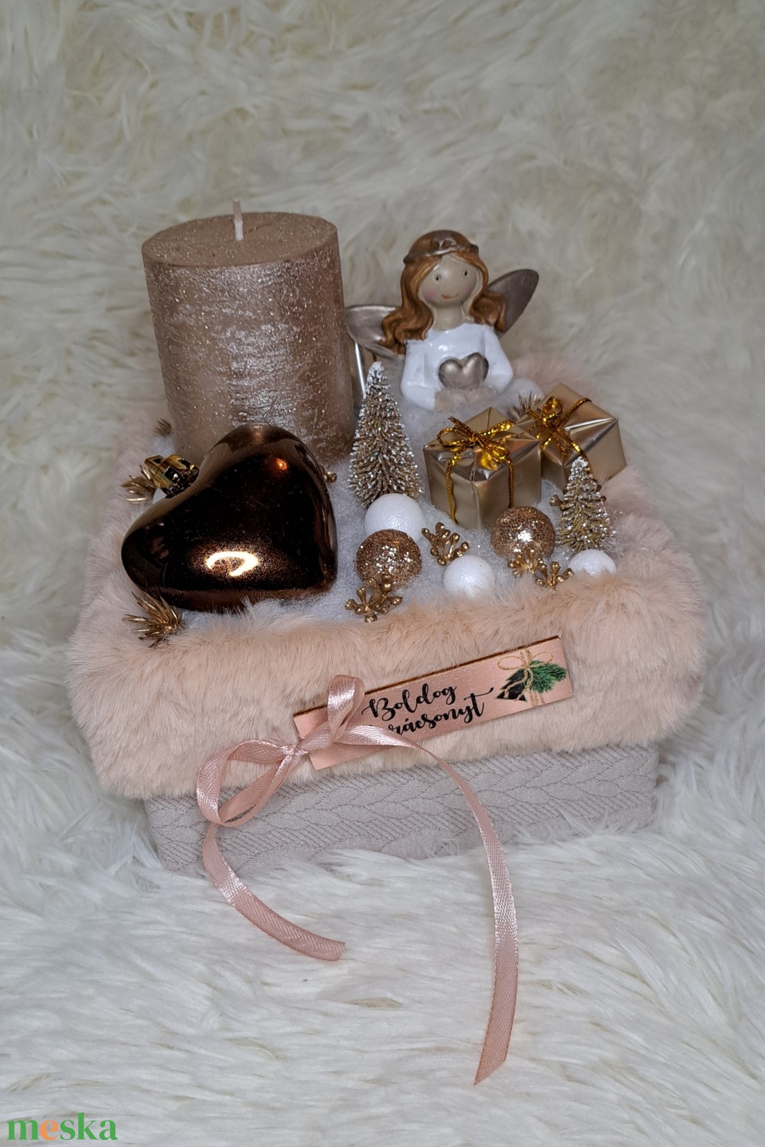 Gyertyás adventi asztaldísz rosegold-arany színekben - karácsony - adventi díszek - adventi asztaldísz - Meska.hu