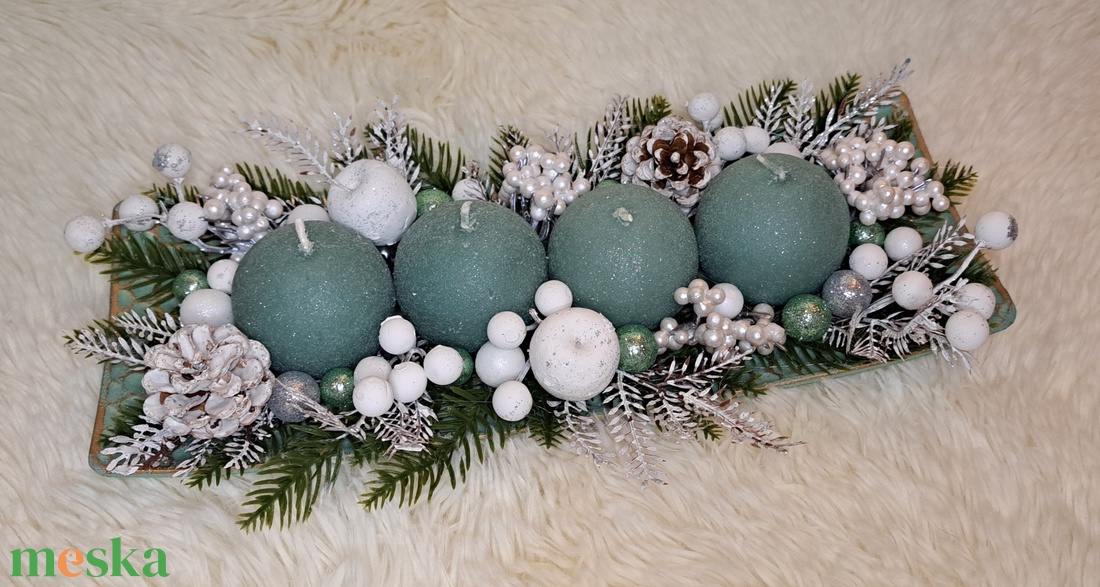 Gyertyás adventi asztaldísz menta-fehér színekben - karácsony - adventi díszek - adventi asztaldísz - Meska.hu