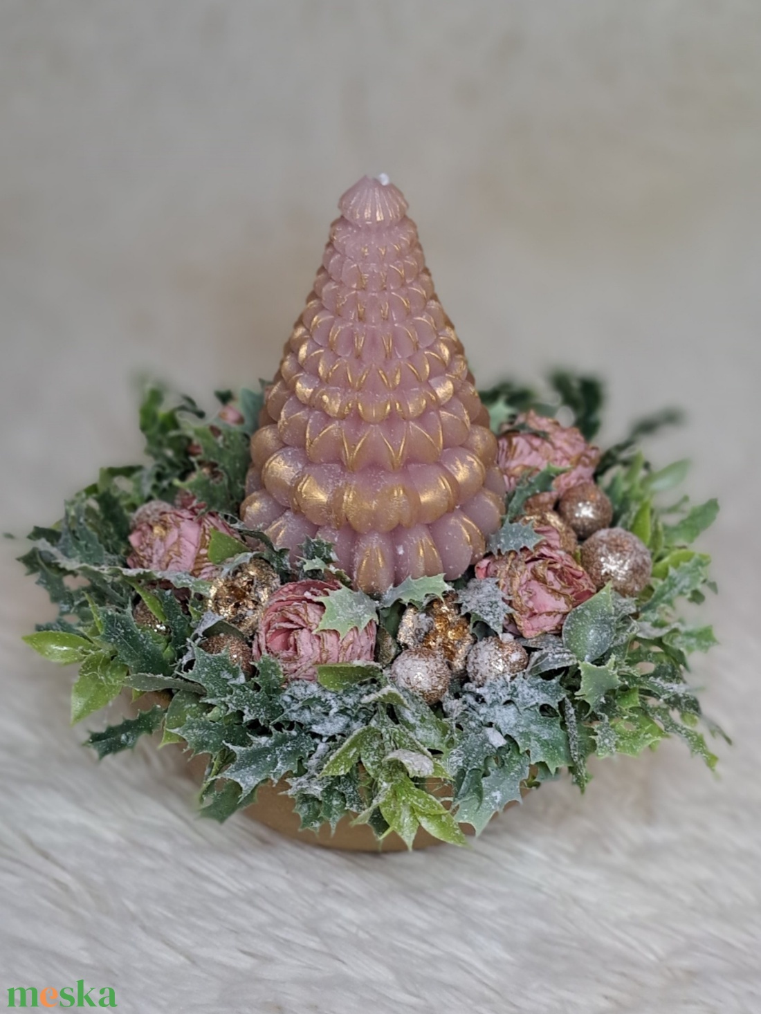 Adventi fenyőgyertyás asztaldísz arany-pink színekben - karácsony - adventi díszek - adventi asztaldísz - Meska.hu