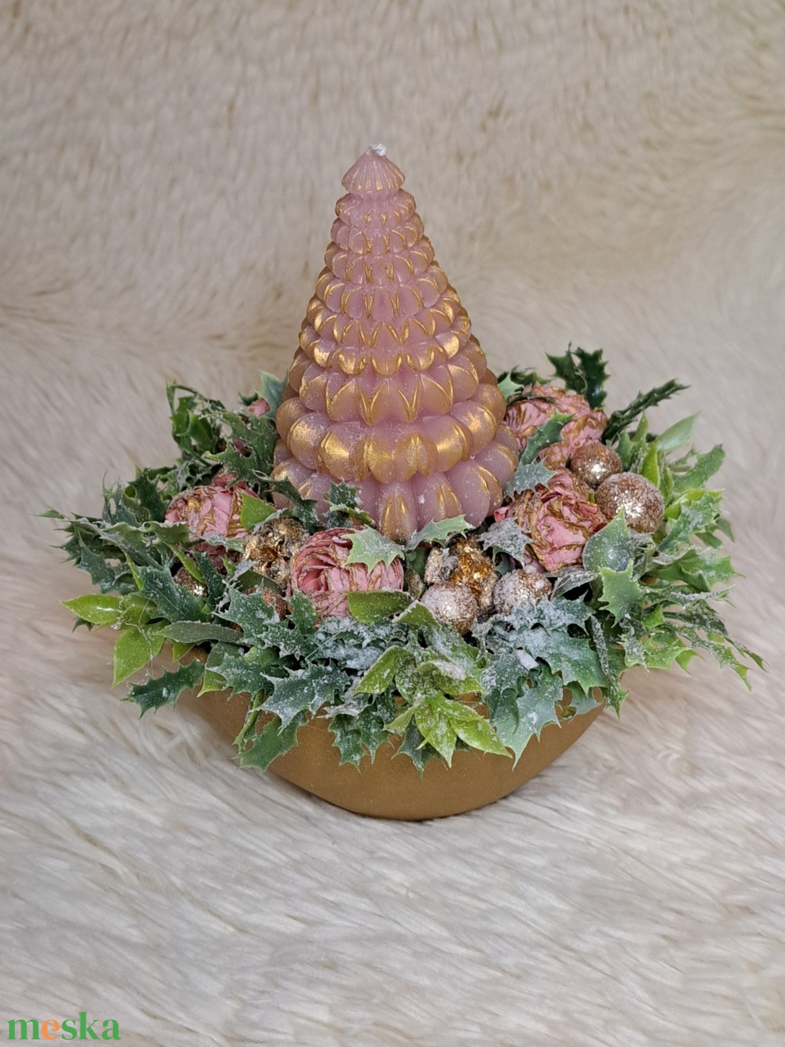 Adventi fenyőgyertyás asztaldísz arany-pink színekben - karácsony - adventi díszek - adventi asztaldísz - Meska.hu