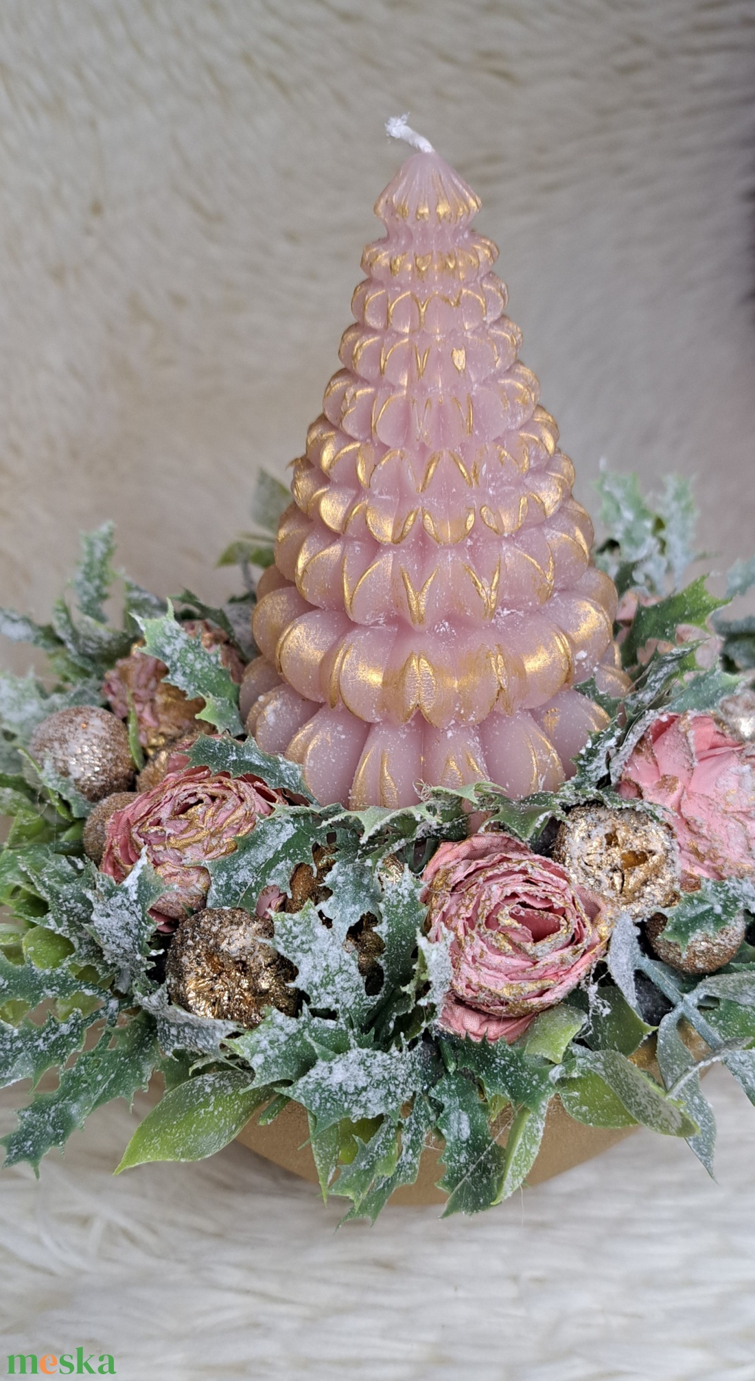 Adventi fenyőgyertyás asztaldísz arany-pink színekben - karácsony - adventi díszek - adventi asztaldísz - Meska.hu