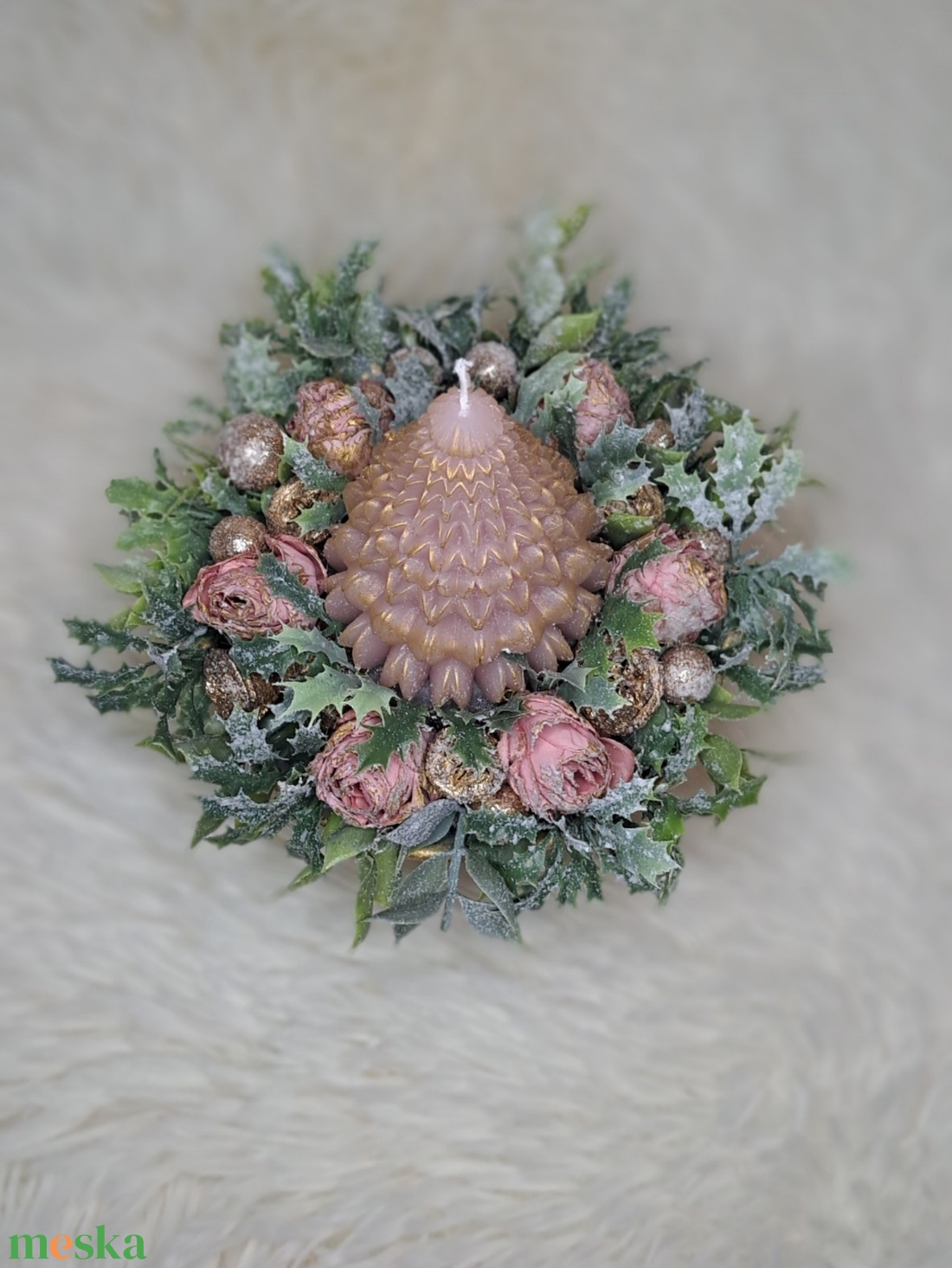 Adventi fenyőgyertyás asztaldísz arany-pink színekben - karácsony - adventi díszek - adventi asztaldísz - Meska.hu