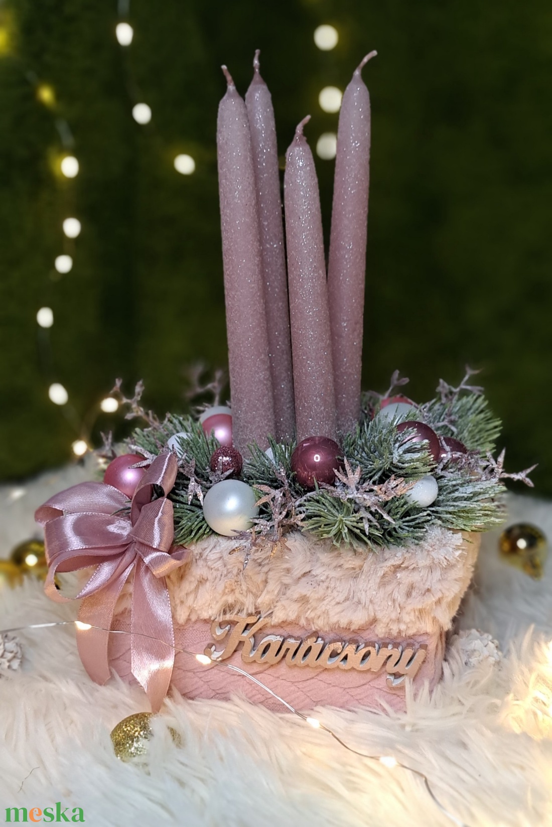 Adventi gyertyás asztaldísz mályva rosegold színekben - karácsony - adventi díszek - adventi asztaldísz - Meska.hu
