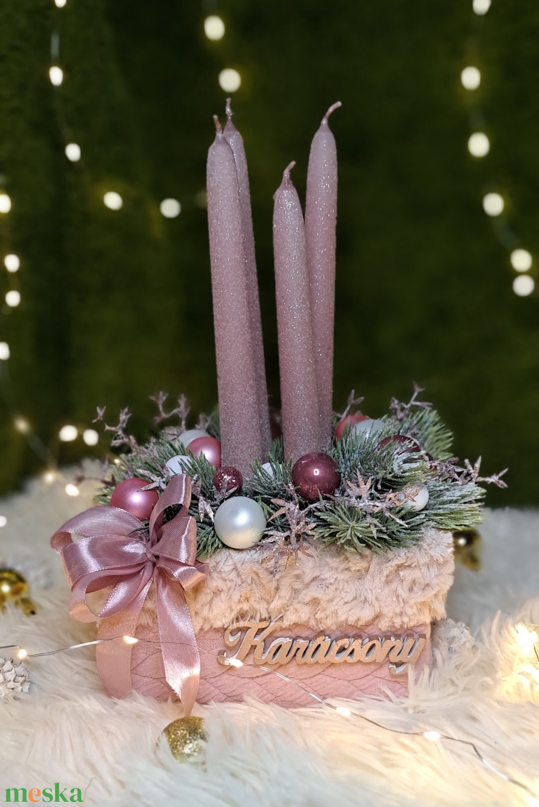 Adventi gyertyás asztaldísz mályva rosegold színekben - karácsony - adventi díszek - adventi asztaldísz - Meska.hu