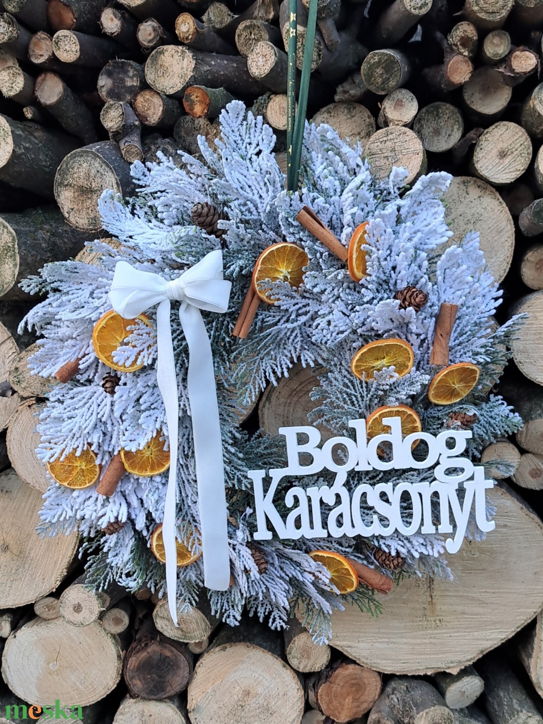 Karácsonyi kopogtató narancs-fahéj díszítéssel - karácsony - adventi díszek - adventi ajtódísz - Meska.hu