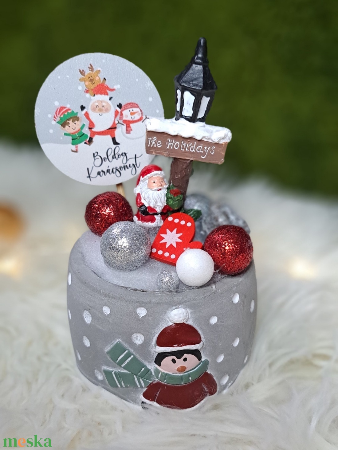 Adventi asztaldísz pingvines kaspóban - karácsony - adventi díszek - adventi asztaldísz - Meska.hu