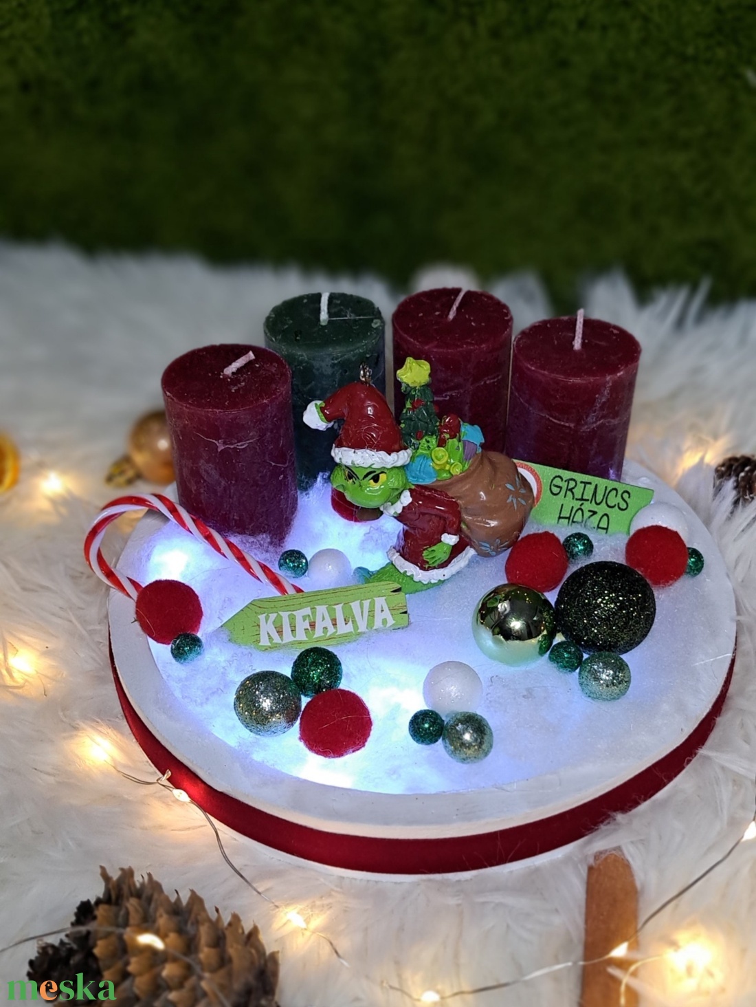 Grincs gyertyás asztaldísz LED világítással - karácsony - adventi díszek - adventi asztaldísz - Meska.hu
