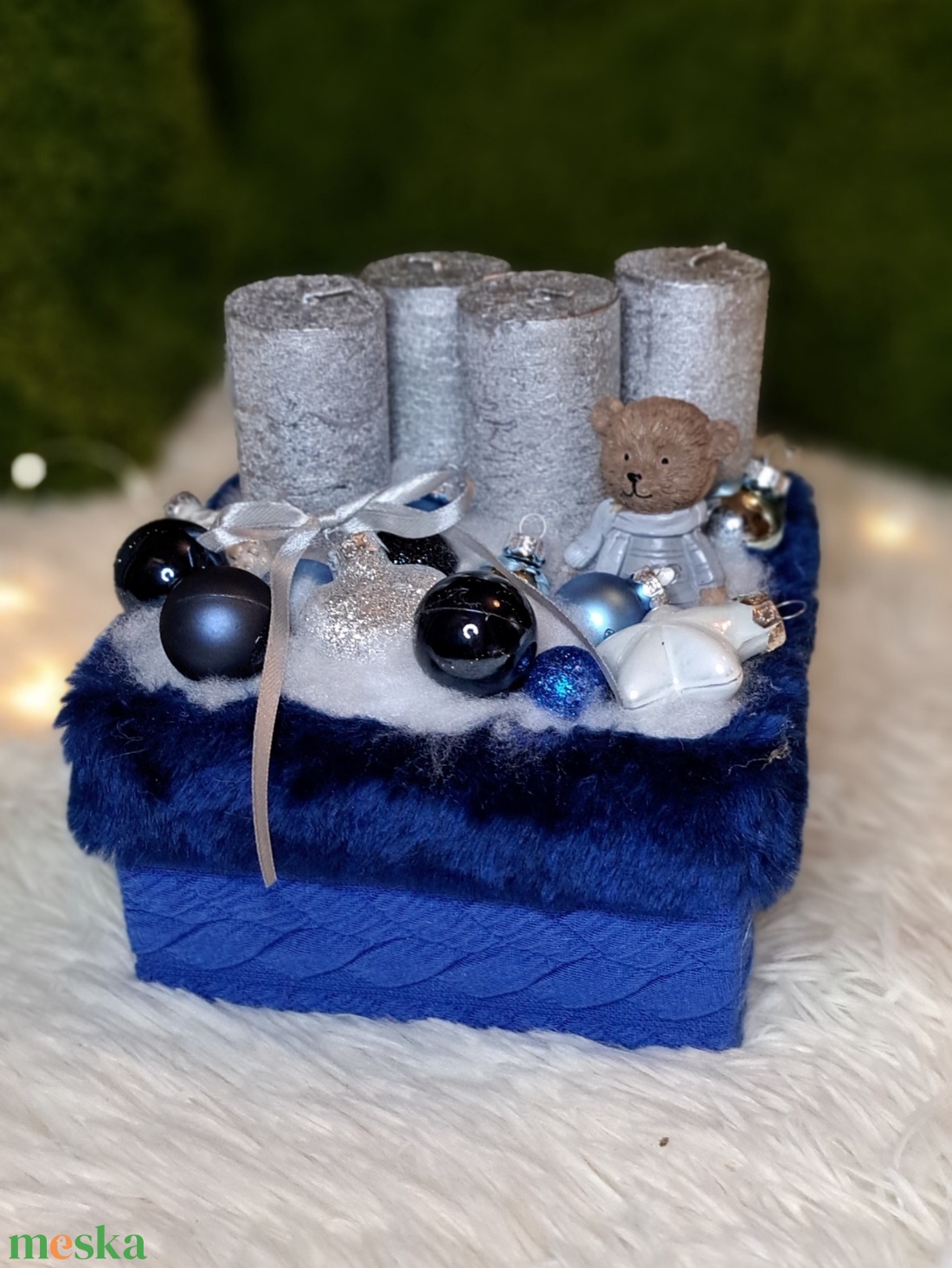 Adventi gyertyás asztaldísz kék-ezüst színekben - karácsony - adventi díszek - adventi asztaldísz - Meska.hu