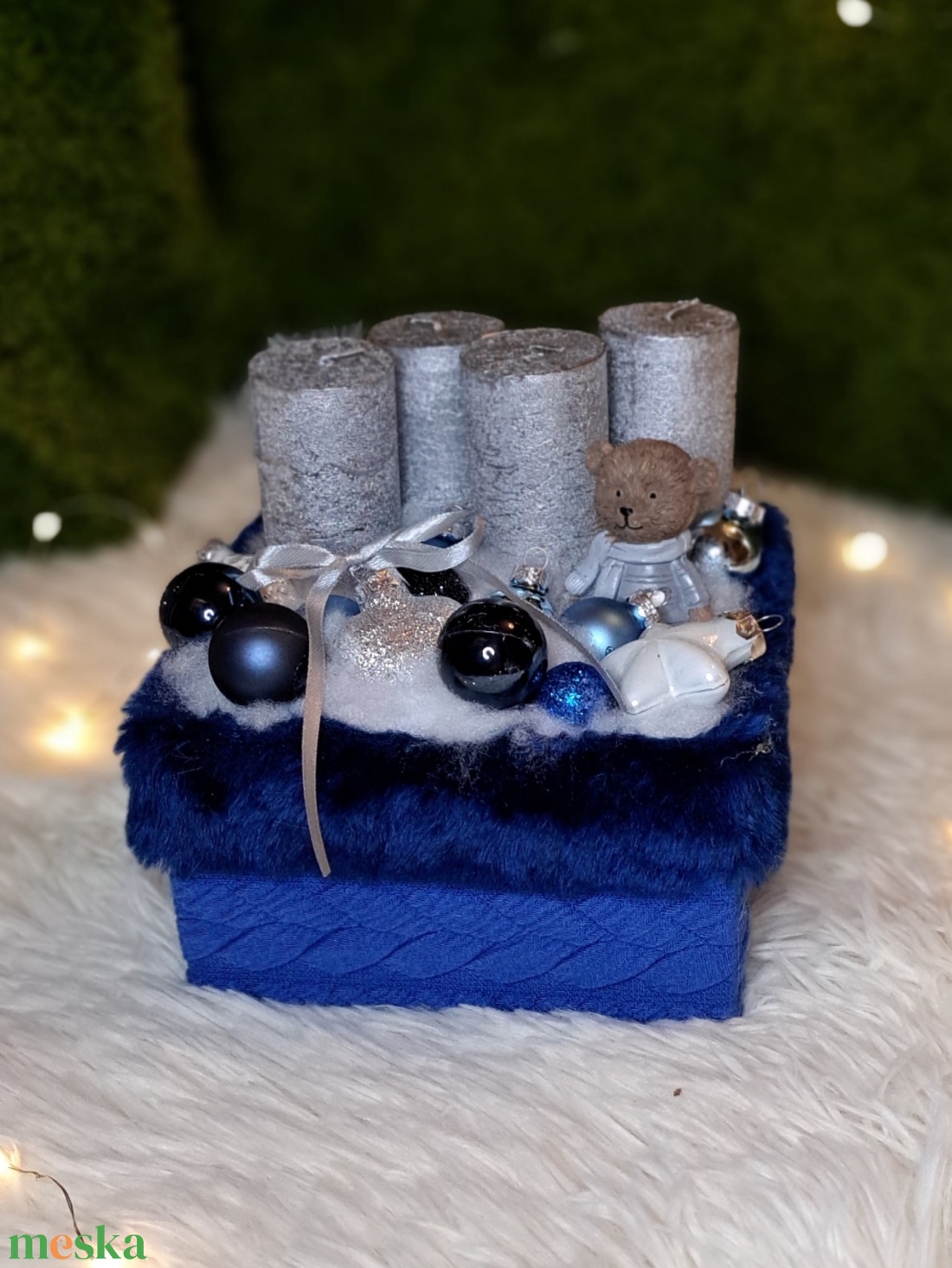 Adventi gyertyás asztaldísz kék-ezüst színekben - karácsony - adventi díszek - adventi asztaldísz - Meska.hu