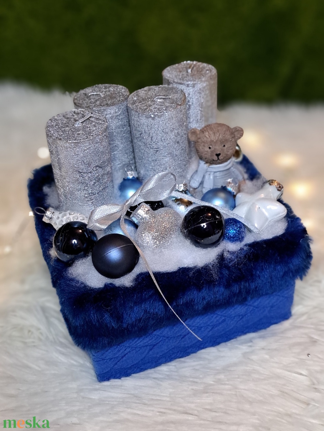 Adventi gyertyás asztaldísz kék-ezüst színekben - karácsony - adventi díszek - adventi asztaldísz - Meska.hu