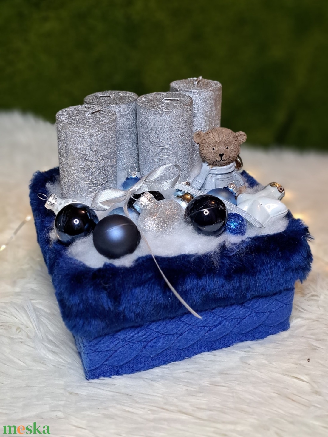 Adventi gyertyás asztaldísz kék-ezüst színekben - karácsony - adventi díszek - adventi asztaldísz - Meska.hu