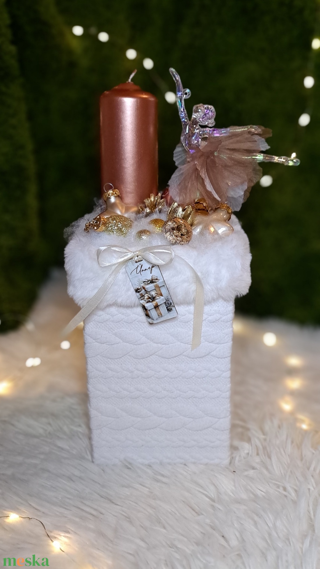 Adventi gyertyás asztaldísz balerinával, rosegold-fehér színekben - karácsony - adventi díszek - adventi asztaldísz - Meska.hu