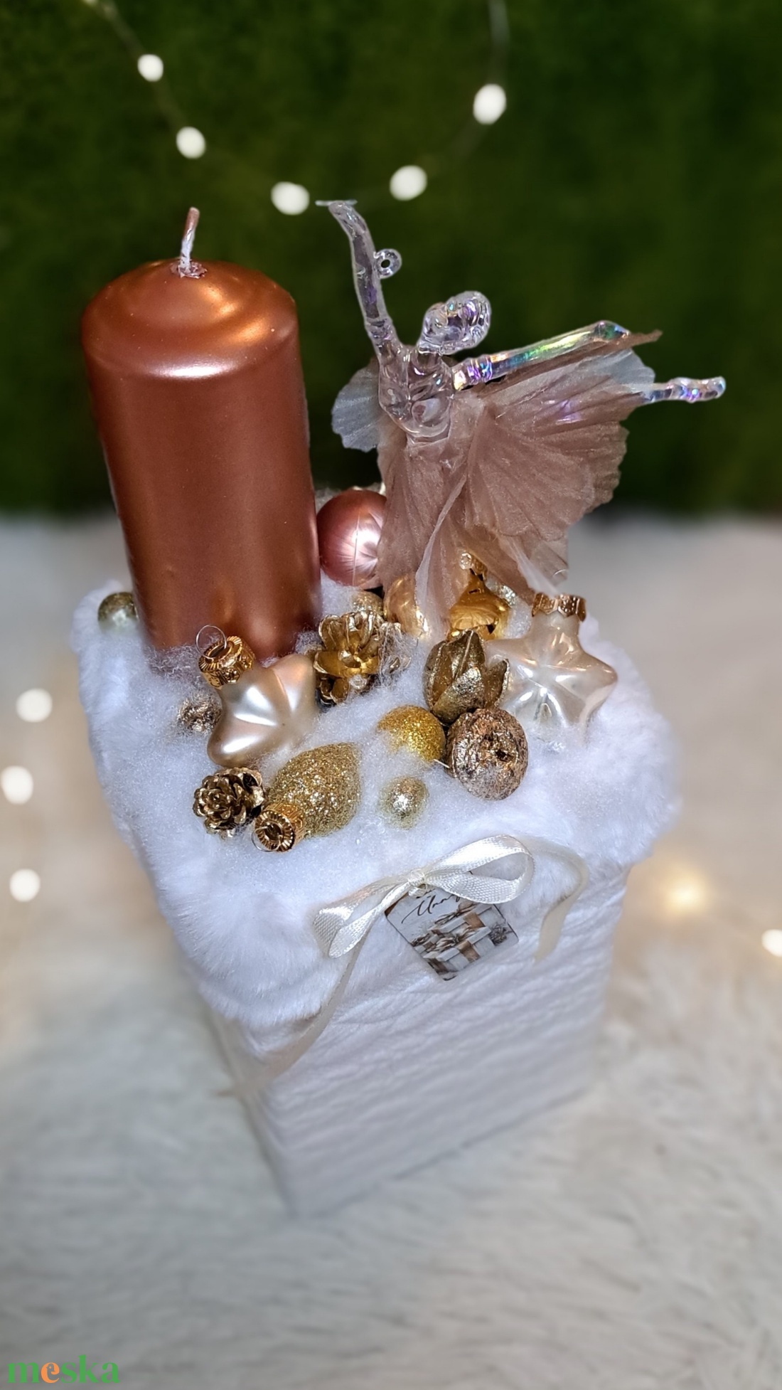 Adventi gyertyás asztaldísz balerinával, rosegold-fehér színekben - karácsony - adventi díszek - adventi asztaldísz - Meska.hu