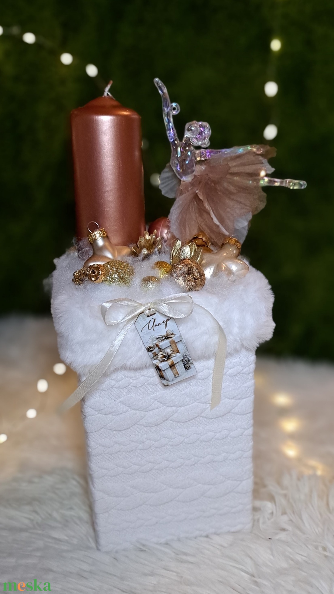 Adventi gyertyás asztaldísz balerinával, rosegold-fehér színekben - karácsony - adventi díszek - adventi asztaldísz - Meska.hu