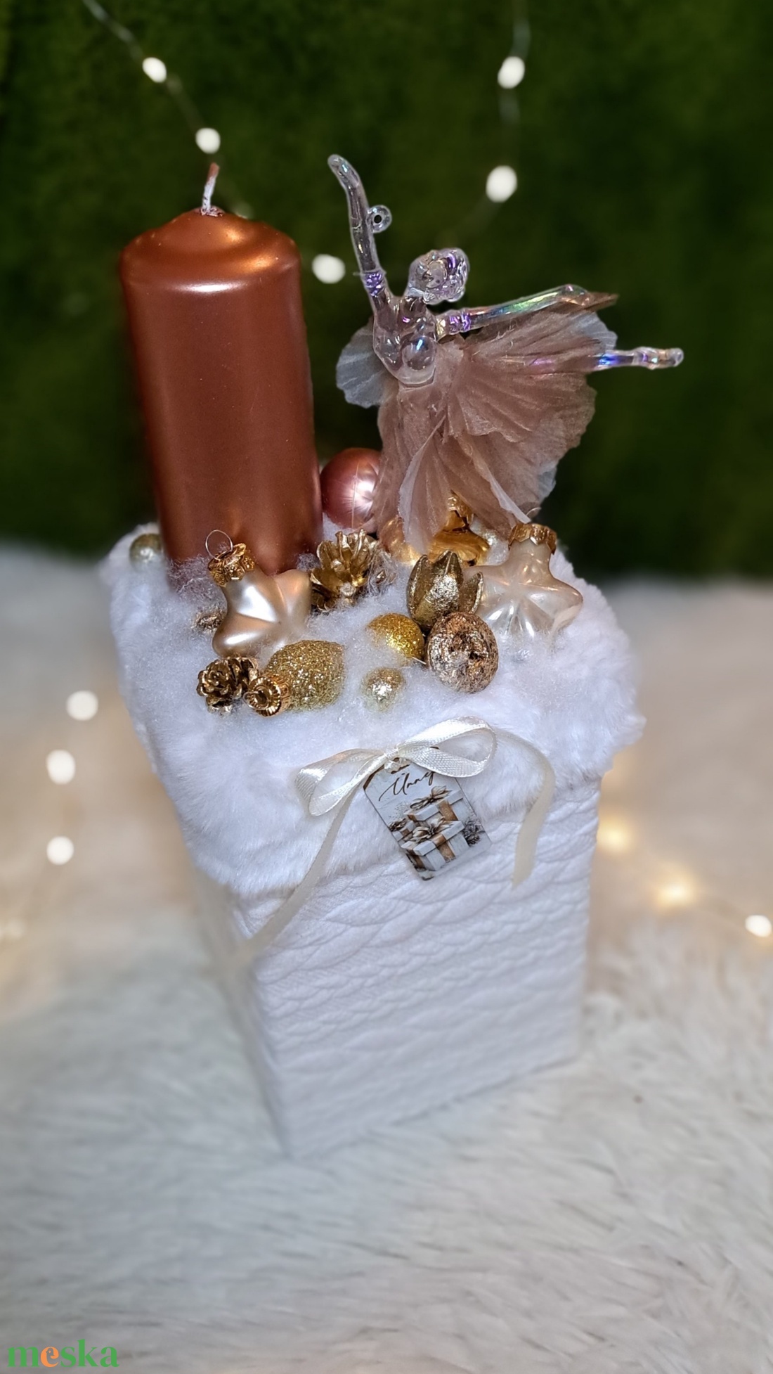 Adventi gyertyás asztaldísz balerinával, rosegold-fehér színekben - karácsony - adventi díszek - adventi asztaldísz - Meska.hu