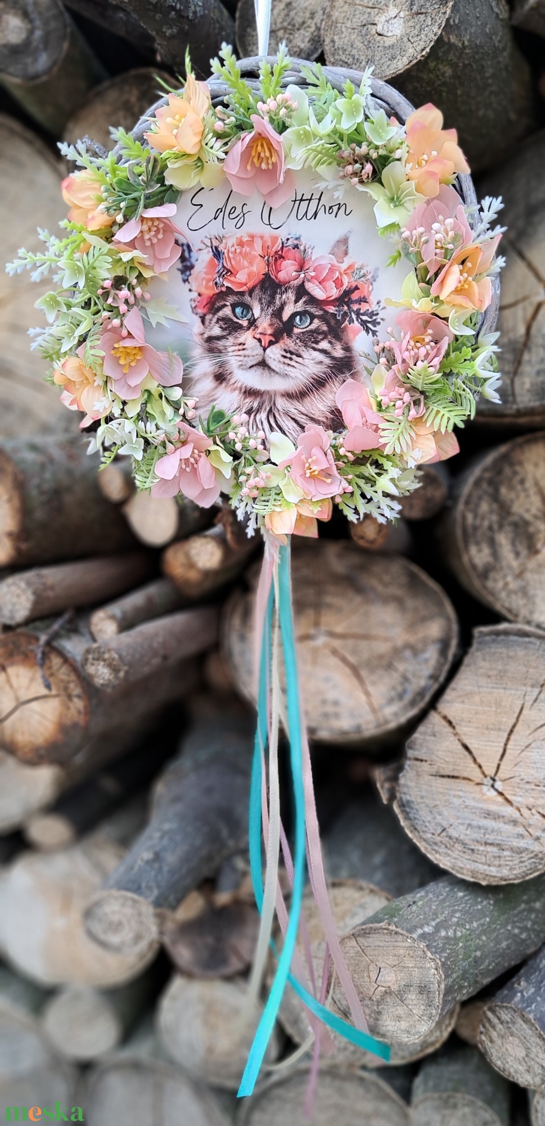 Kopogtató cicás képpel édes otthon felirattal - otthon & életmód - dekoráció - ajtó- és ablak dekoráció - ajtódísz & kopogtató - Meska.hu