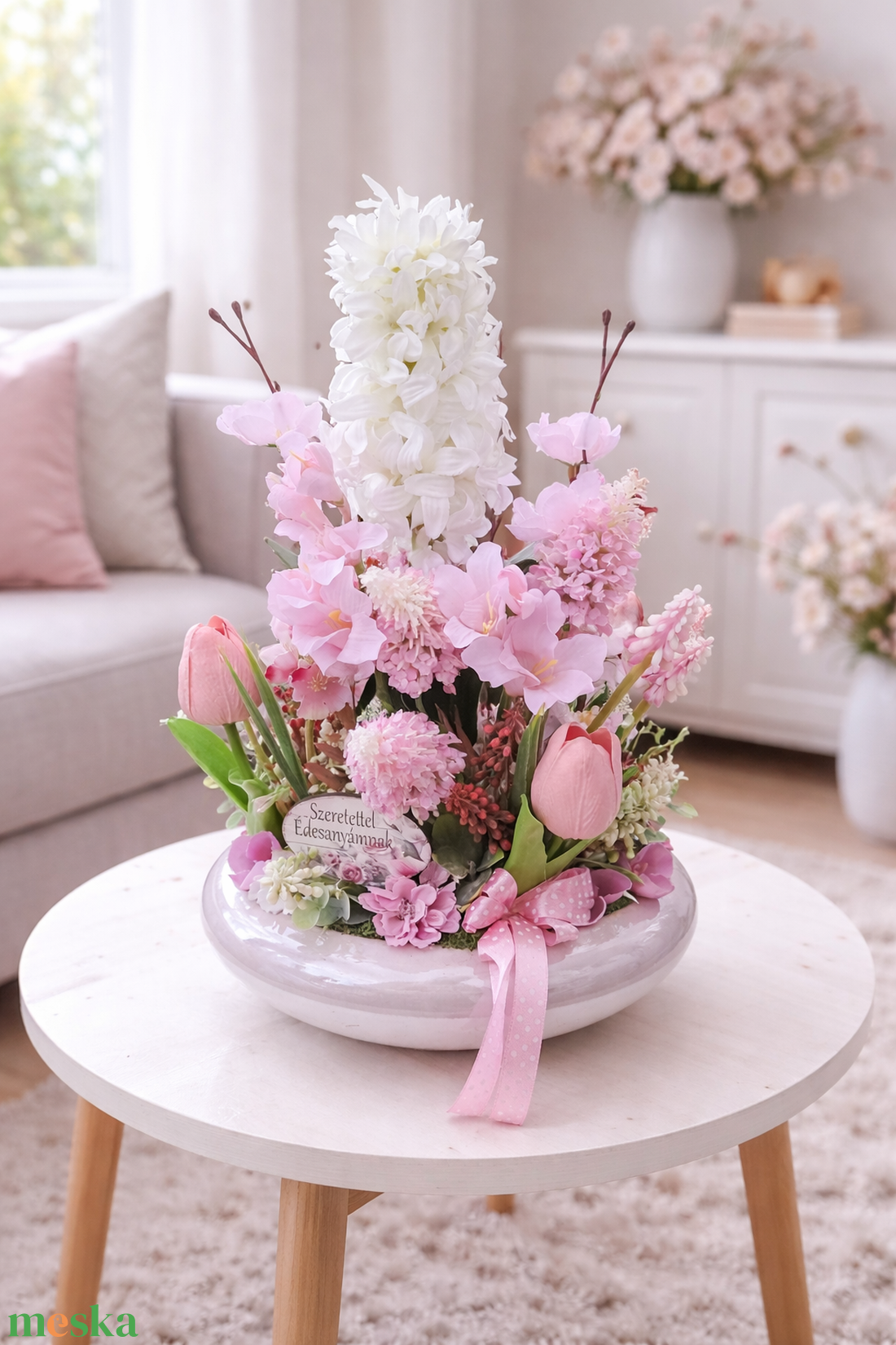 Virágos asztaldísz magasfényű keramia kaspóban - otthon & életmód - dekoráció - asztal és polc dekoráció - asztaldísz - Meska.hu