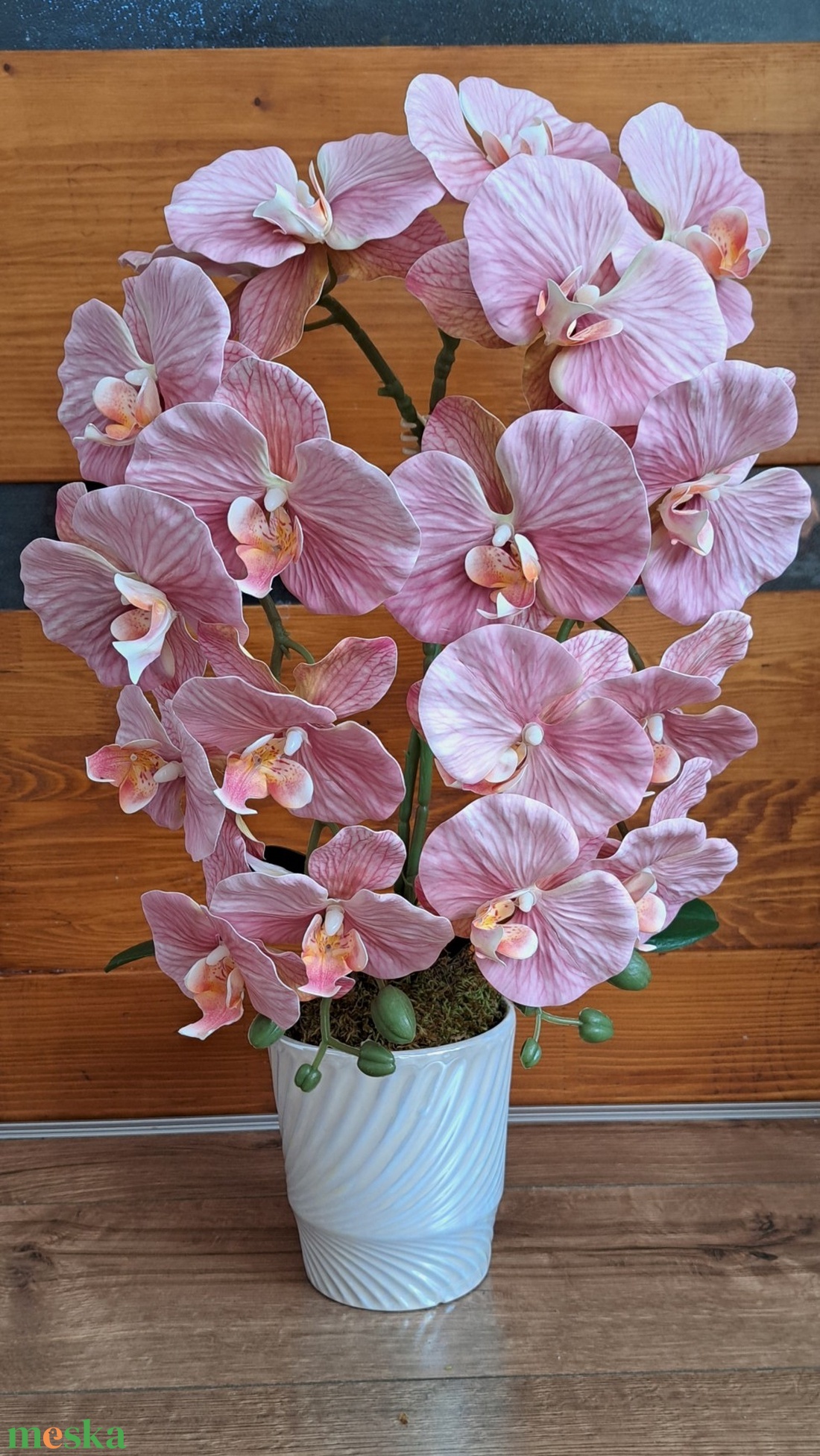 Élethű cirnos rózsaszín orchidea asztaldísz irizáló kaspóban - otthon & életmód - virágdekoráció - virágdíszek - virágdísz kaspóban - Meska.hu