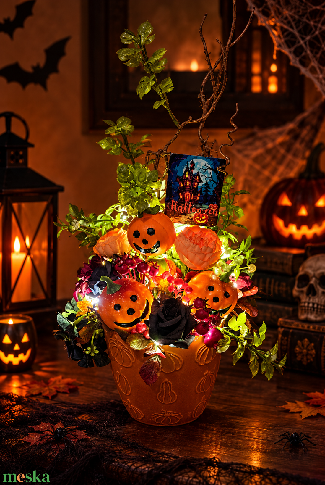Halloween tökös asztaldísz világító LED fényekkel - otthon & életmód - dekoráció - halloween - halloweeni asztaldísz - Meska.hu