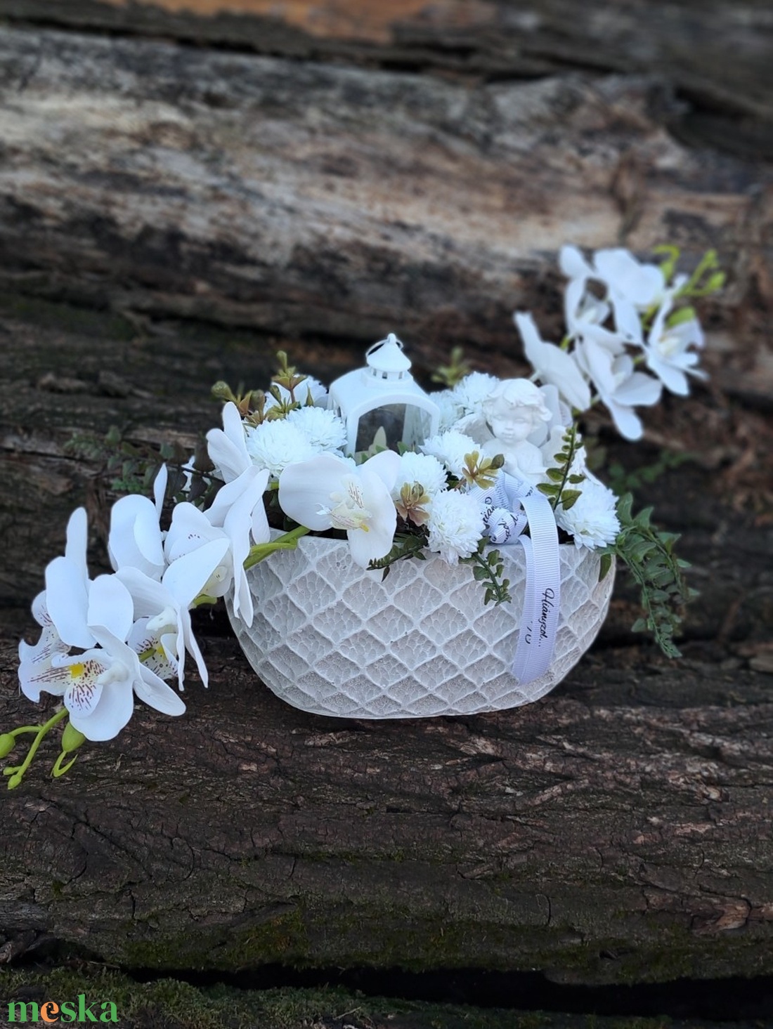 Orchidea sírdísz kőkaspóban led mécsessel - otthon & életmód - vallás - temetkezési tárgy - sírdísz, kegyeleti dísz - Meska.hu