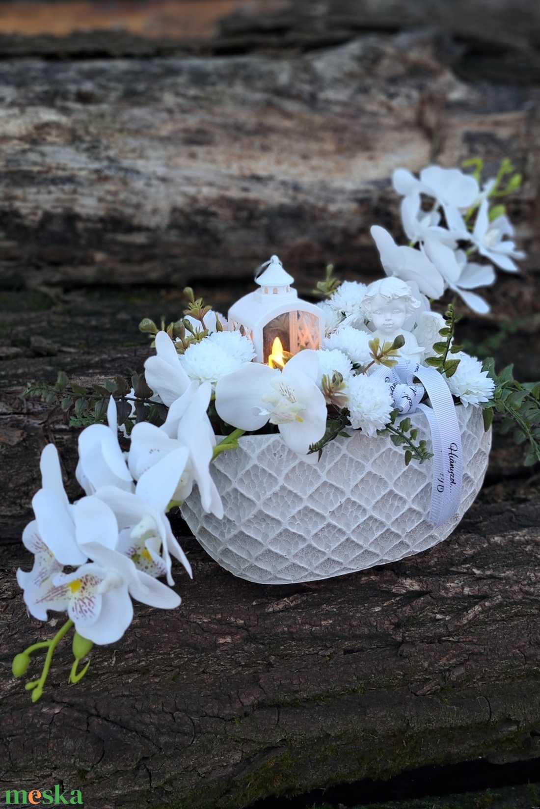 Orchidea sírdísz kőkaspóban led mécsessel - otthon & életmód - vallás - temetkezési tárgy - sírdísz, kegyeleti dísz - Meska.hu