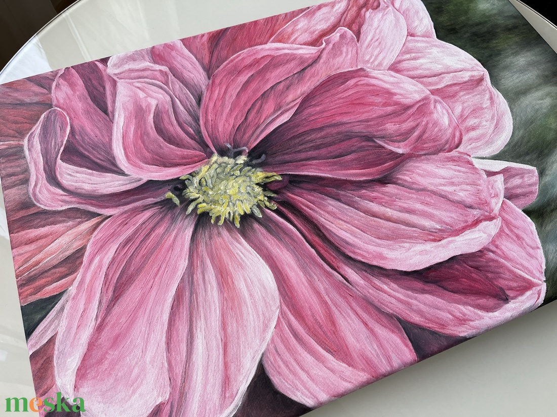 Full Bloom pink dália virágot ábrázoló saját készítésű olajfestmény - művészet - festmény - olajfestmény - Meska.hu