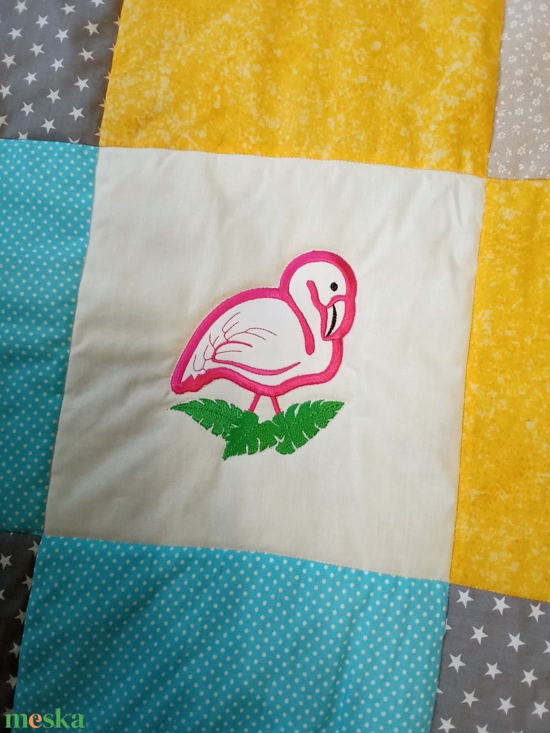  Csiga-bigás, flamingós. Takaró türkízkék-szürke-sárga - otthon & életmód - babaszoba, gyerekszoba - babatakaró, gyerek pléd - Meska.hu