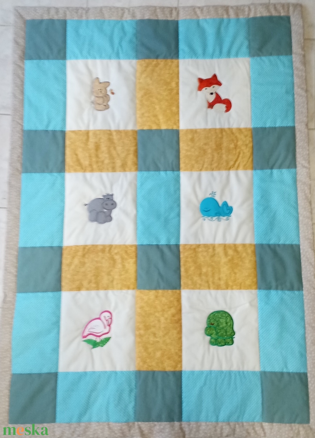  Bálnás, flamingós takaró türkízkék-olíva-sárga-drapp - otthon & életmód - babaszoba, gyerekszoba - babatakaró, gyerek pléd - Meska.hu