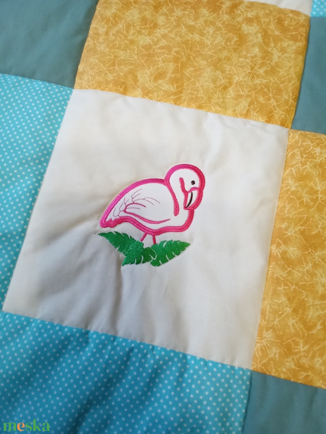  Bálnás, flamingós takaró türkízkék-olíva-sárga-drapp - otthon & életmód - babaszoba, gyerekszoba - babatakaró, gyerek pléd - Meska.hu