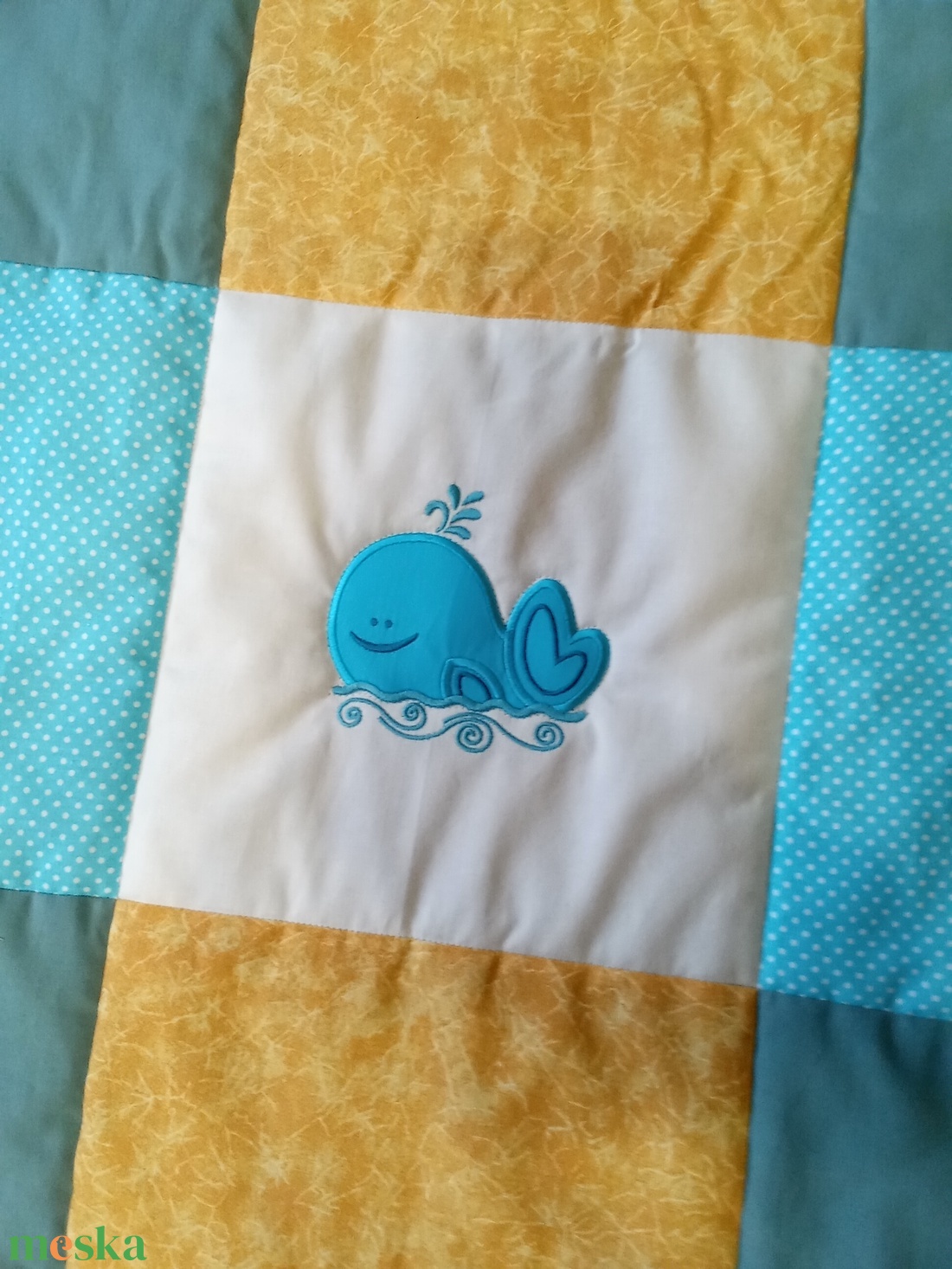  Bálnás, flamingós takaró türkízkék-olíva-sárga-drapp - otthon & életmód - babaszoba, gyerekszoba - babatakaró, gyerek pléd - Meska.hu