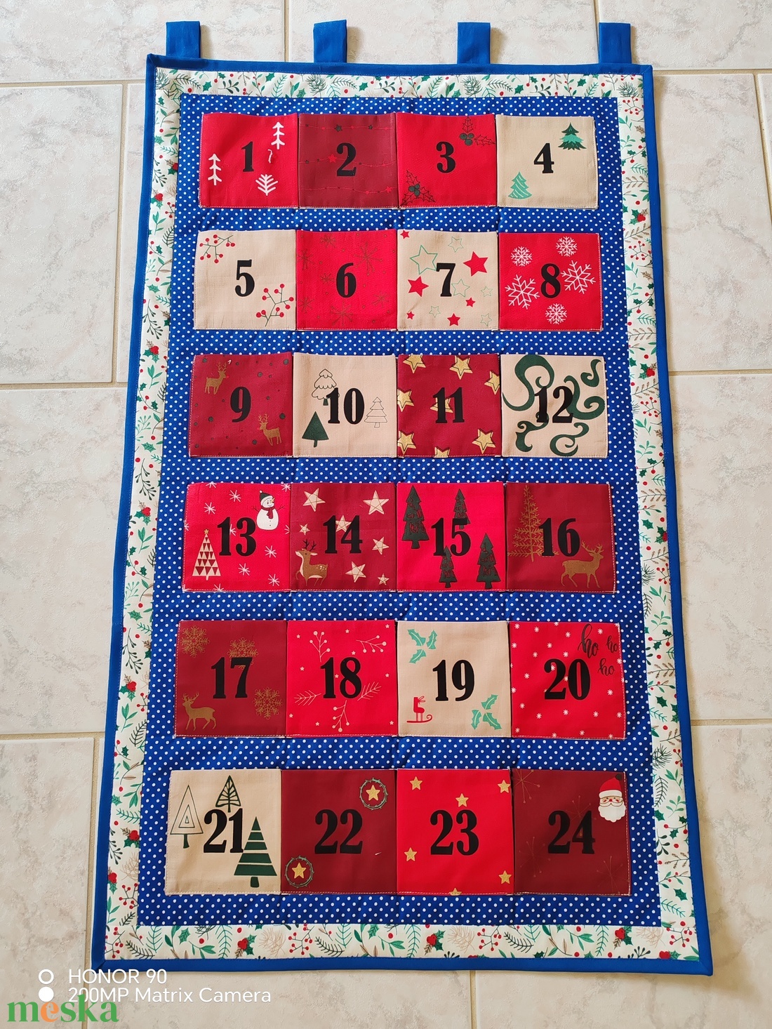 Óriási zsebes kék szélű adventi naptár  - karácsony - adventi díszek - adventi naptár - Meska.hu