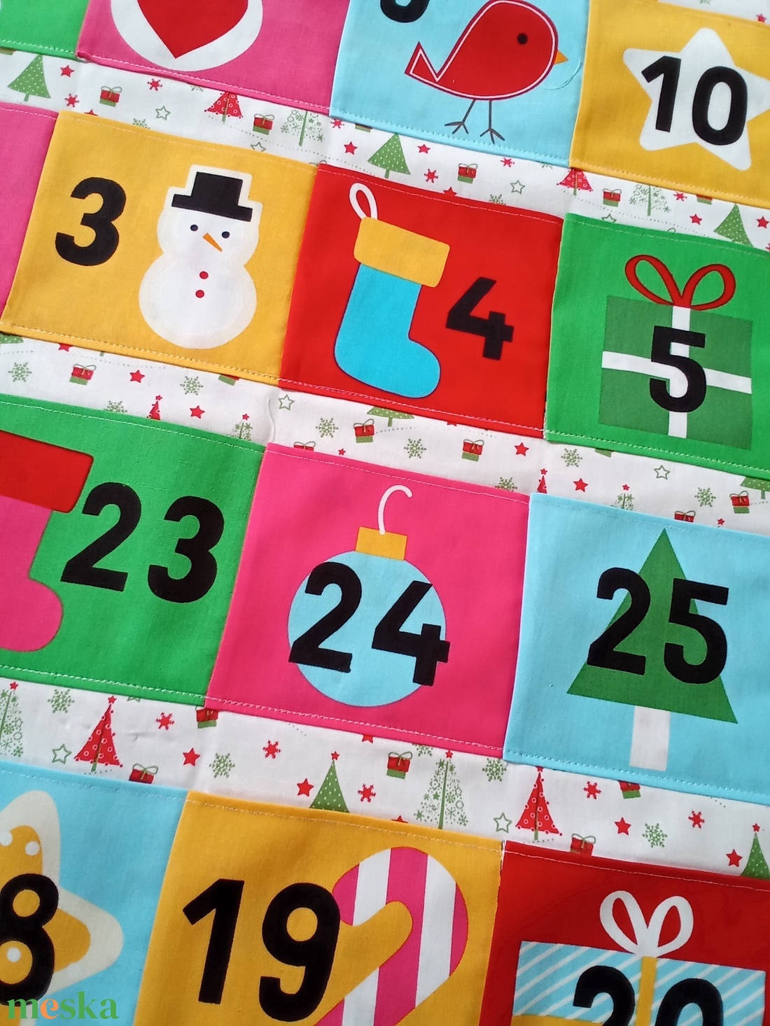 Óriási zsebes színes, zöld szélű adventi naptár  - karácsony - adventi díszek - adventi naptár - Meska.hu