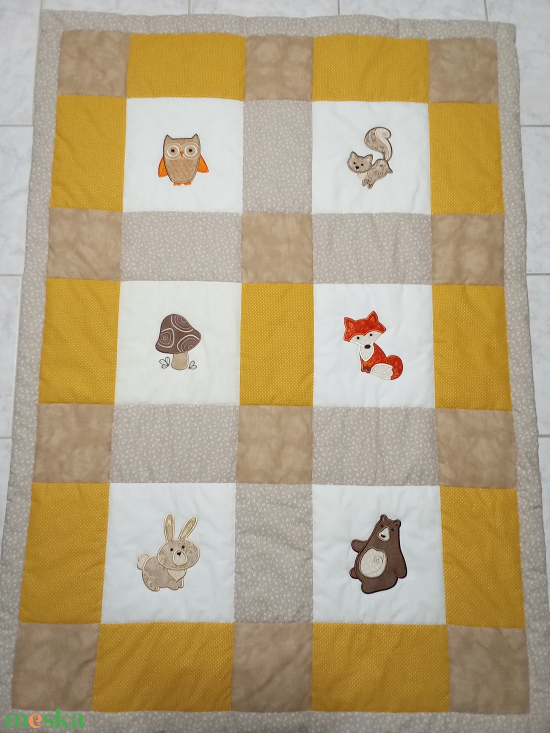 Állatos takaró rókával és nyuszival okker és drapp színben - otthon & életmód - babaszoba, gyerekszoba - babatakaró, gyerek pléd - Meska.hu