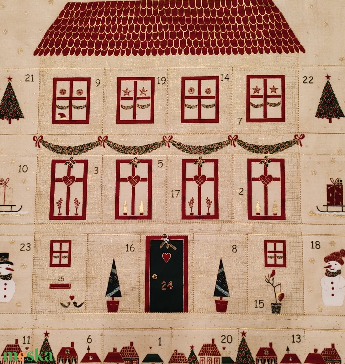 Adventi házas bordó szélű adventi naptár  - karácsony - adventi díszek - adventi naptár - Meska.hu