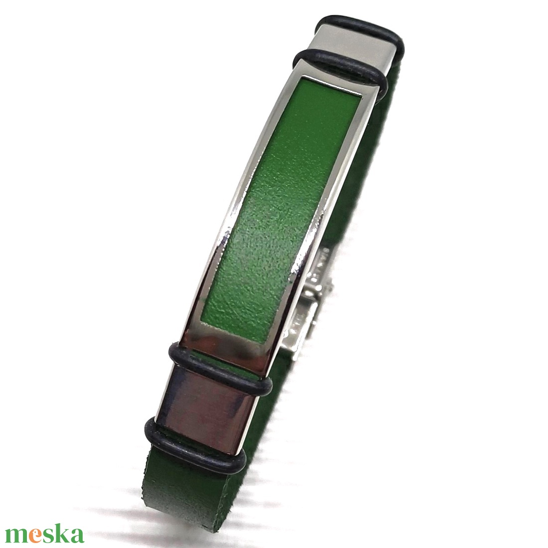 Zöld minimal bőr/nemesacél karkötő - ékszer - karkötő - karkötő medállal - Meska.hu