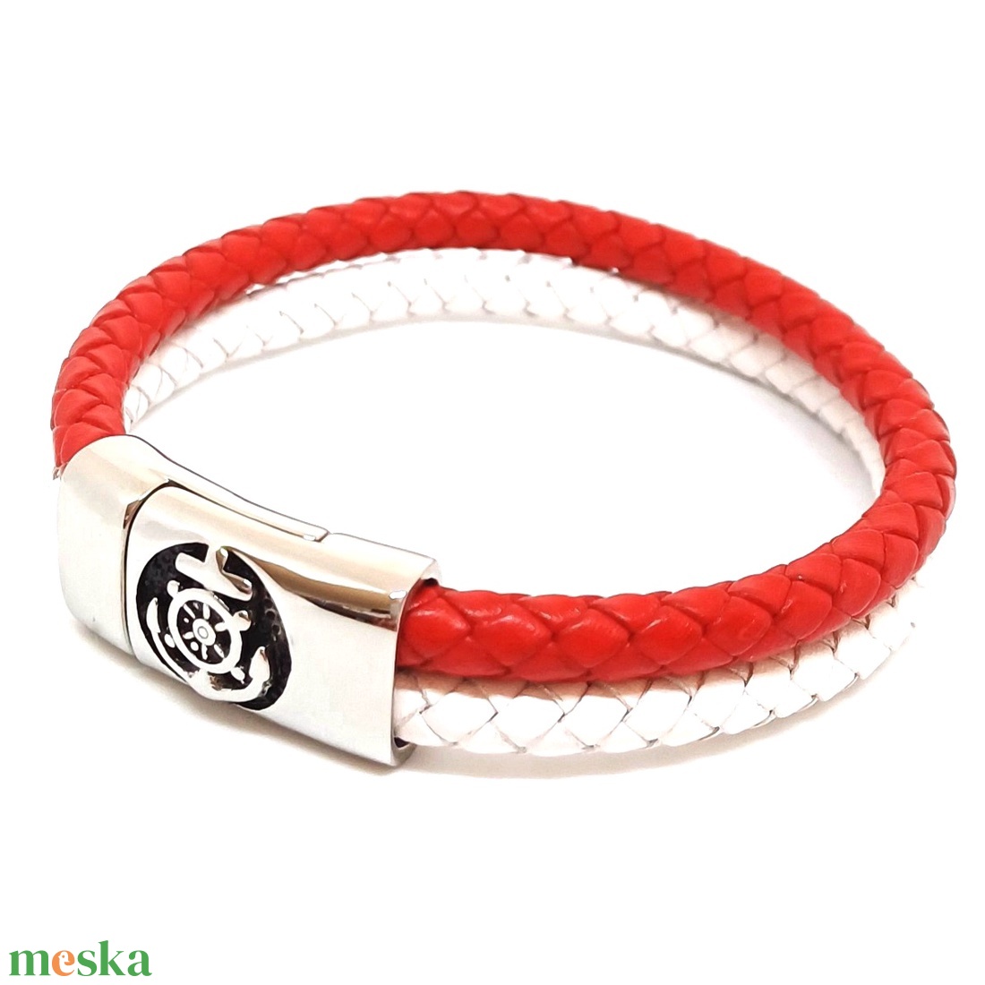 Tengerész piros-fehér valódi bőr karkötő, horgony mintás, nemesacél mágneszárral, nőknek - ékszer - karkötő - fonott karkötő - Meska.hu
