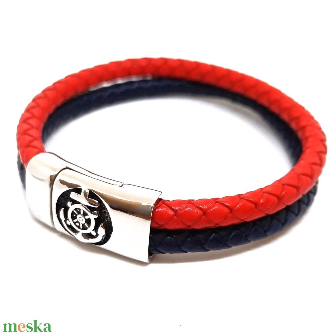 Tengerész sötétkék-piros valódi bőr karkötő, horgony mintás, nemesacél mágneszárral, nőknek-férfiaknak - ékszer - karkötő - fonott karkötő - Meska.hu