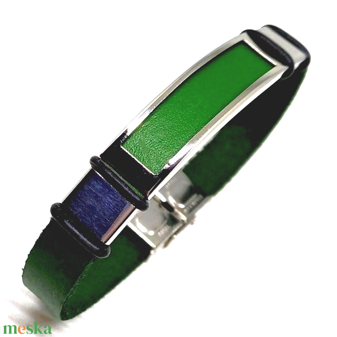 Zöld minimal bőr/nemesacél karkötő - ékszer - karkötő - karkötő medállal - Meska.hu