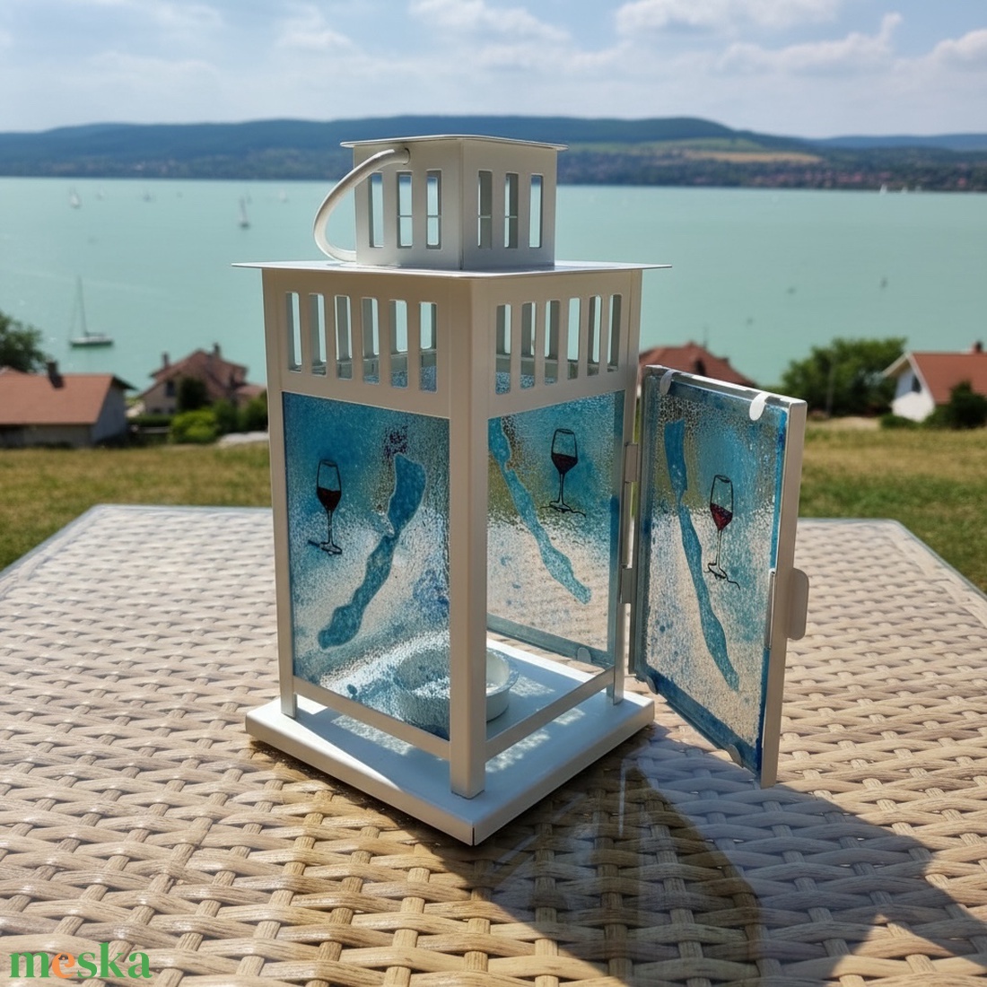 Balaton hangulatú, kézzel készült üvegmintás lámpás � borospohár motívummal - otthon & életmód - gyertya, illat, aroma - mécses és mécsestartó - Meska.hu
