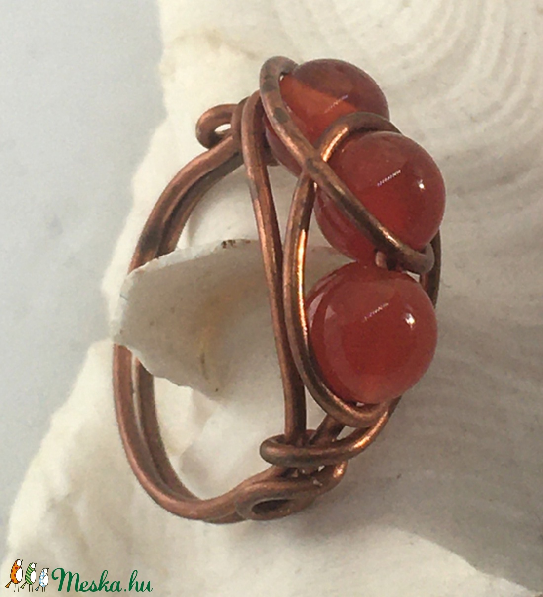 Háromköves karneol gyűrű vörösrézből - ékszer - gyűrű - többköves gyűrű - Meska.hu