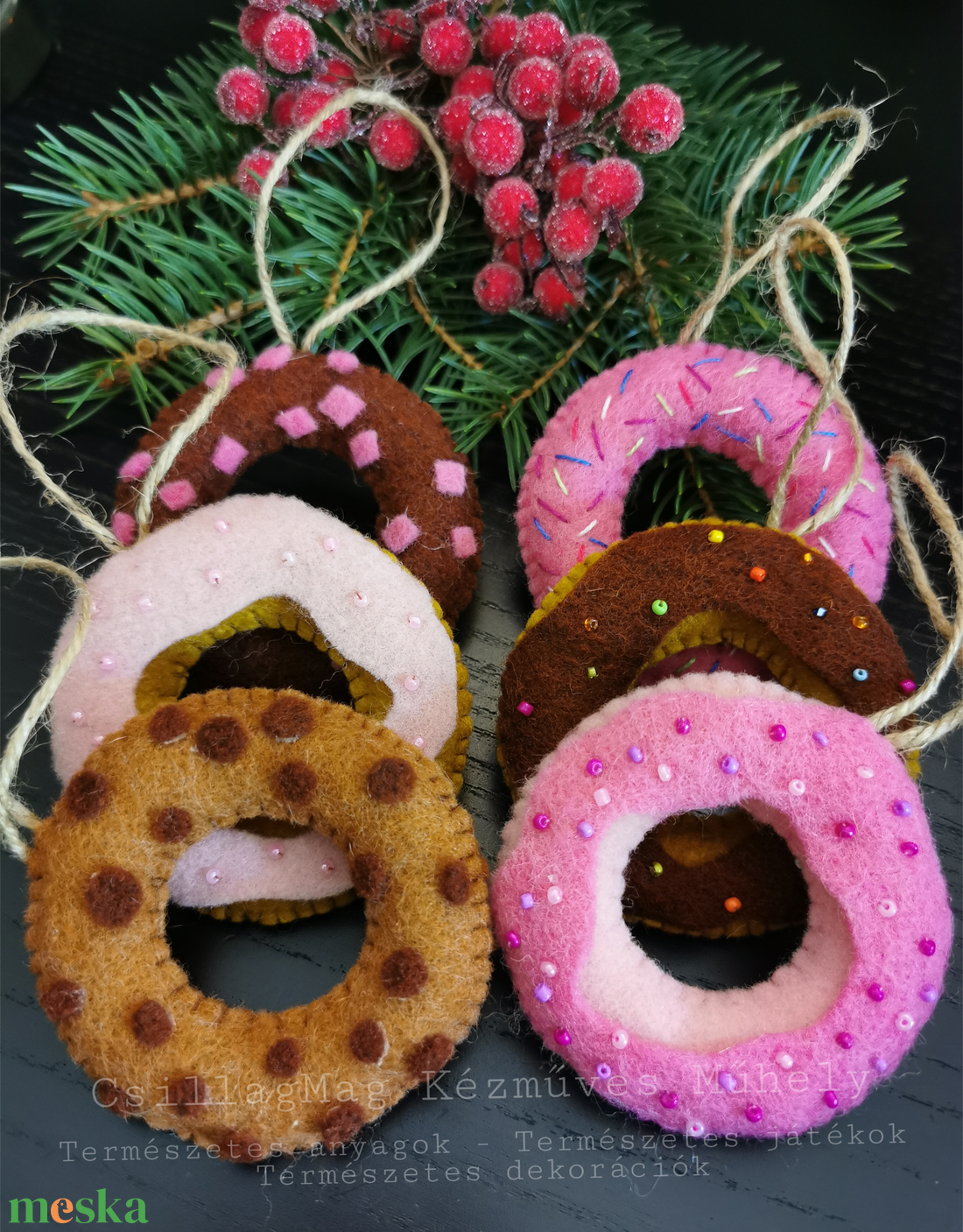 SZÍNES FÁNKOK 6 DB/SZETT BABAKONYHÁBA JÁTÉK SÜTIK DEKORÁCIÓ KARÁCSONYFADÍSZ FENNTARTHATÓ TERMÉSZETES NEMEZJÁTÉK WALDORF  - otthon & életmód - dekoráció - fali és függő dekoráció - csempe - Meska.hu