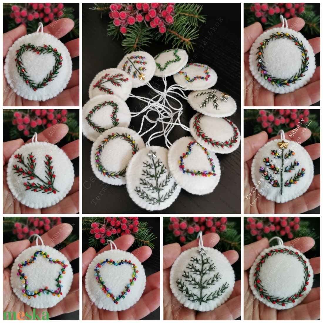 HÍMZETT KARÁCSONYFADÍSZEK 10 DB/SZETT EGYEDI DÍSZÍTÉS GYÖNGYÖKKEL TERMÉSZETES ANYAG GYAPJÚFILC GYAPJÚ AJÁNDÉK DEKORÁCIÓ  - karácsony - karácsonyi lakásdekoráció - karácsonyfadíszek - Meska.hu