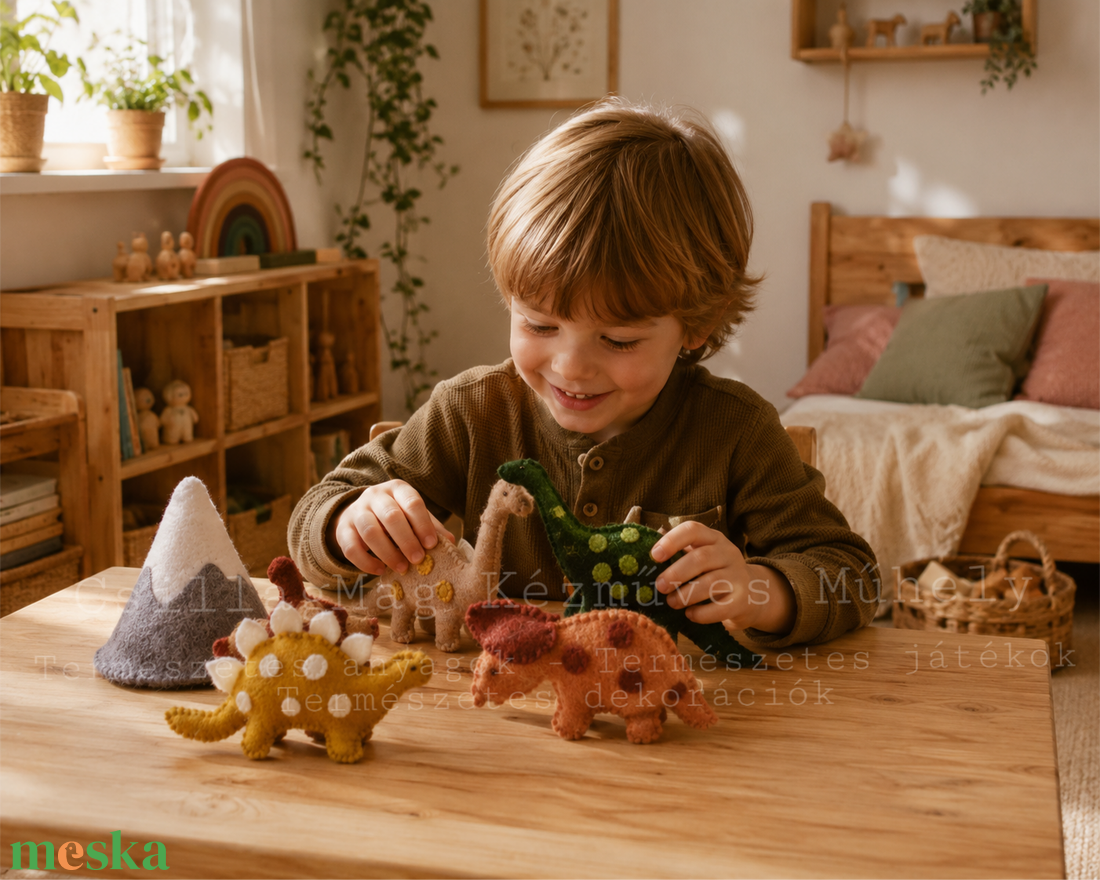 DINOSZAURUSZOK 6 DB/SZETT TERMÉSZETES ANYAGOK GYAPJÚFILC GYAPJÚ EGYEDI JÁTÉK DÍNÓK VULKÁN WALDORF  - játék & sport - plüssállat & játékfigura - más figura - Meska.hu